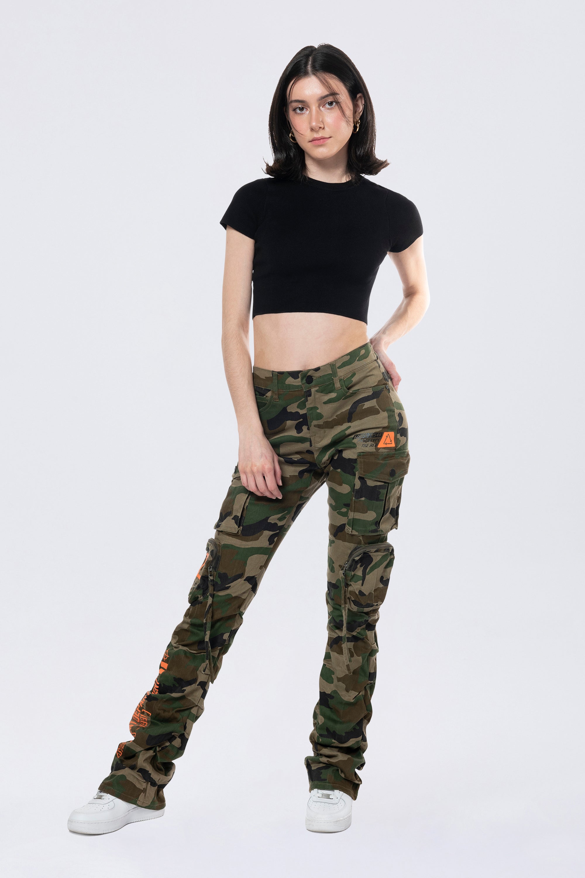 High Rise Stacked Utility Twill Pants - Wood Camo