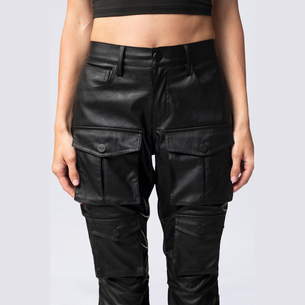 Smoke Rise RED Stacked Utility Vegan Leather Pants - Black