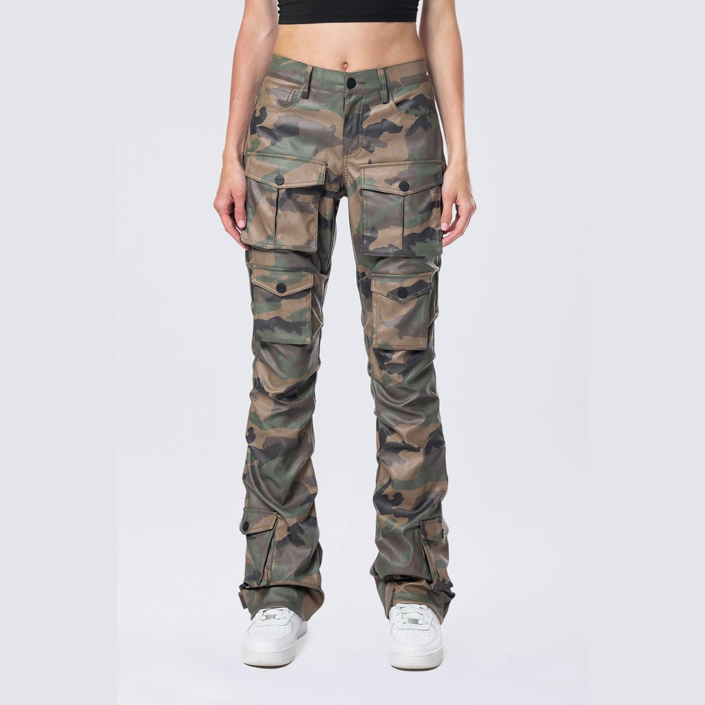 Smoke Rise RED Stacked Utility Vegan Leather Pants - Wood Camo