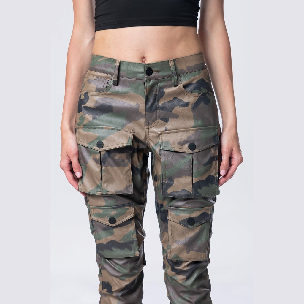 Smoke Rise RED Stacked Utility Vegan Leather Pants - Wood Camo