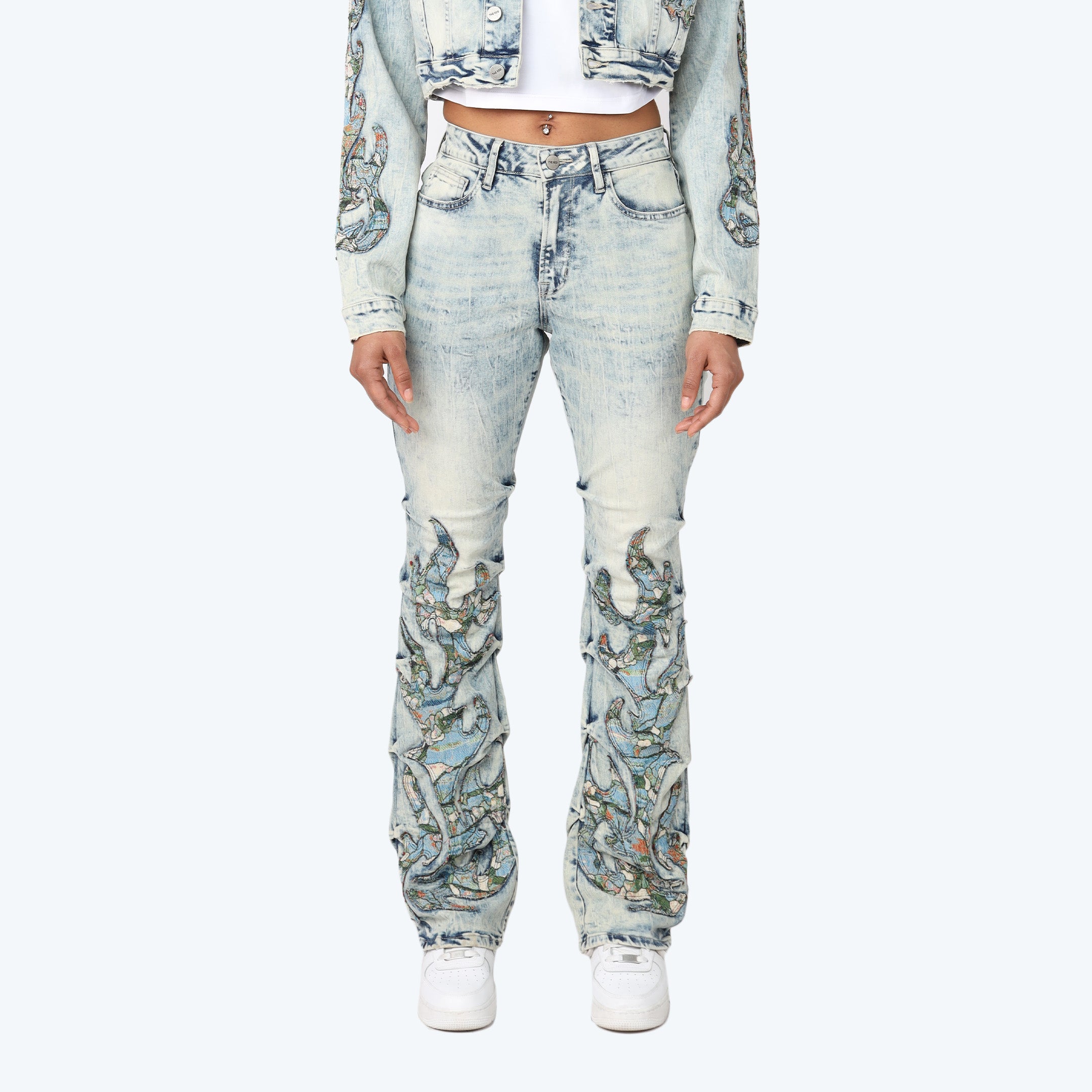 High Rise Bootcut Stacked Tapestry Jeans