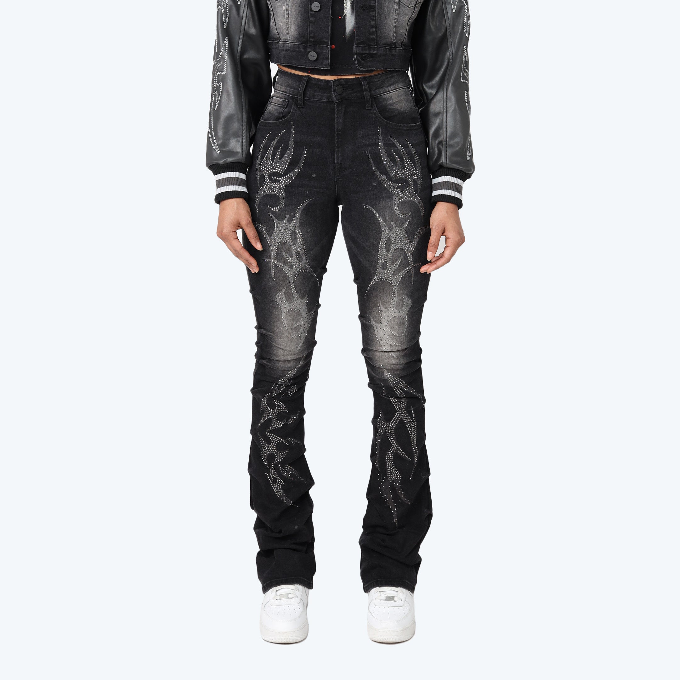 High Rise Rhinestone Stacked Jeans - Gail Black