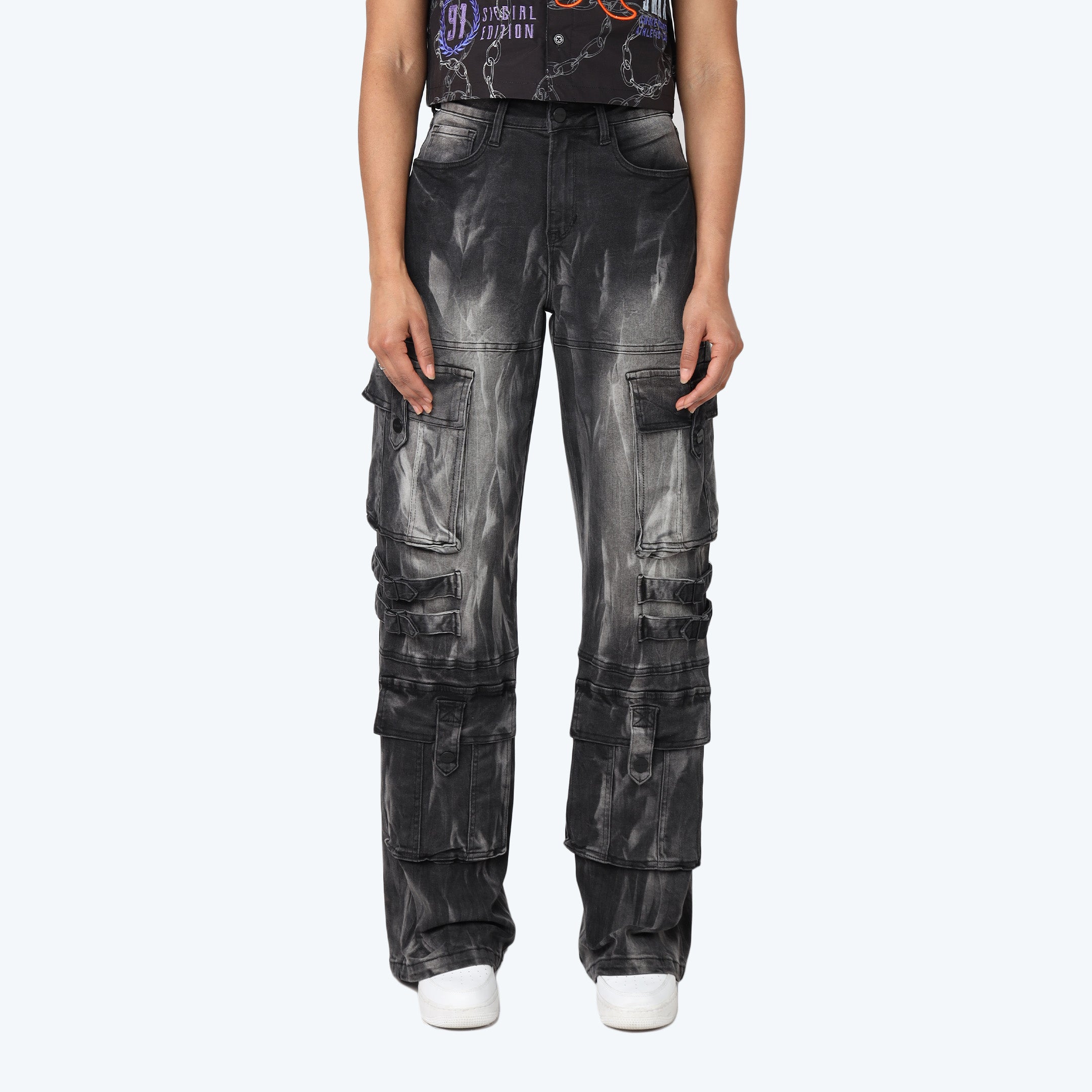 High Rise Wide Leg Multi Pocket Jeans