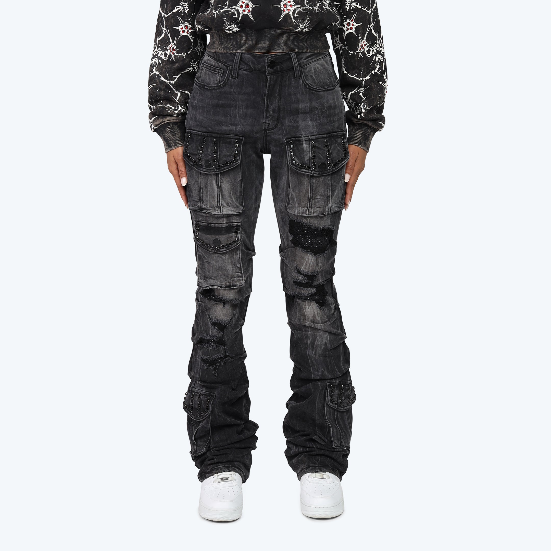 High Rise Stacked Distressed Jeans - Willow Black