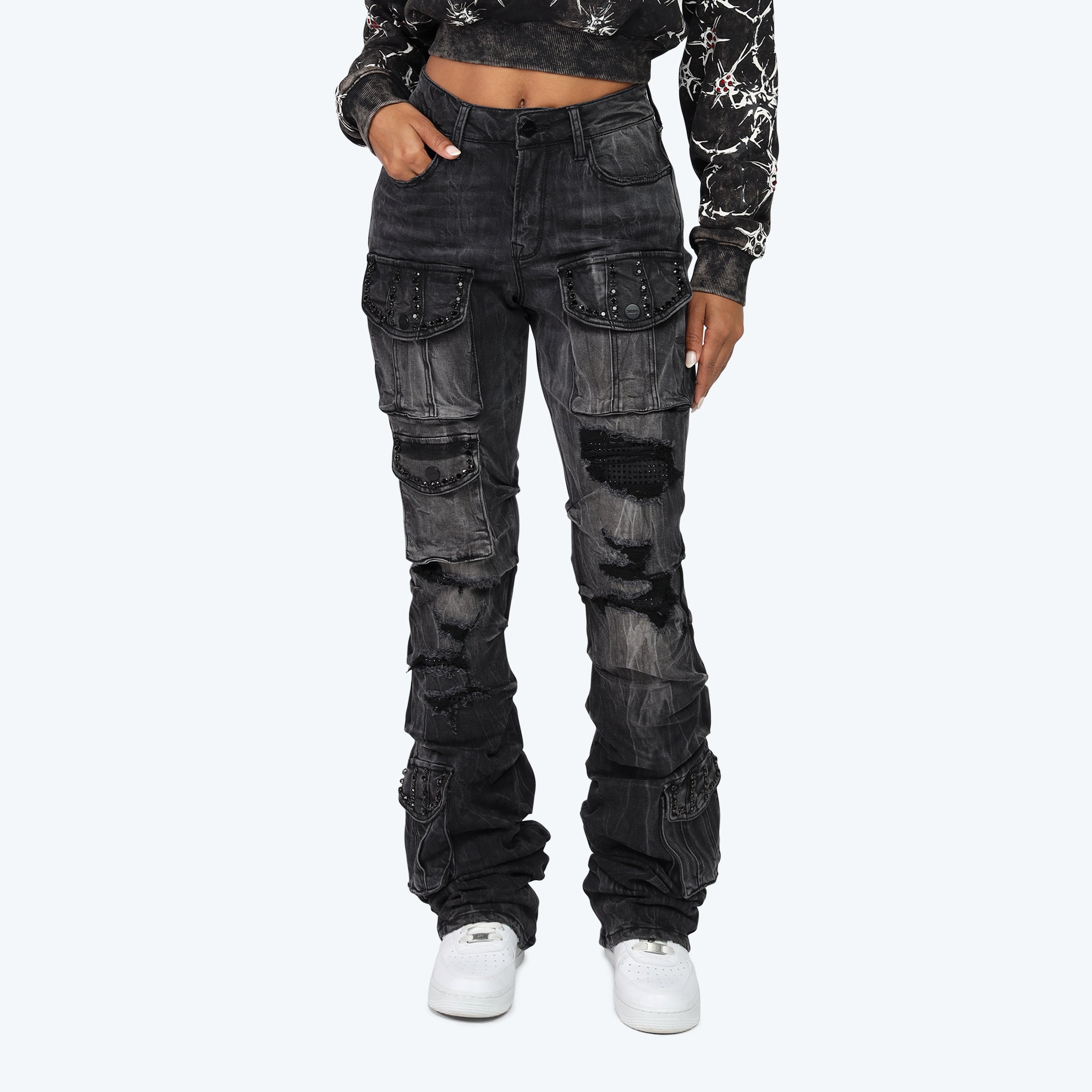 High Rise Stacked Distressed Jeans - Willow Black