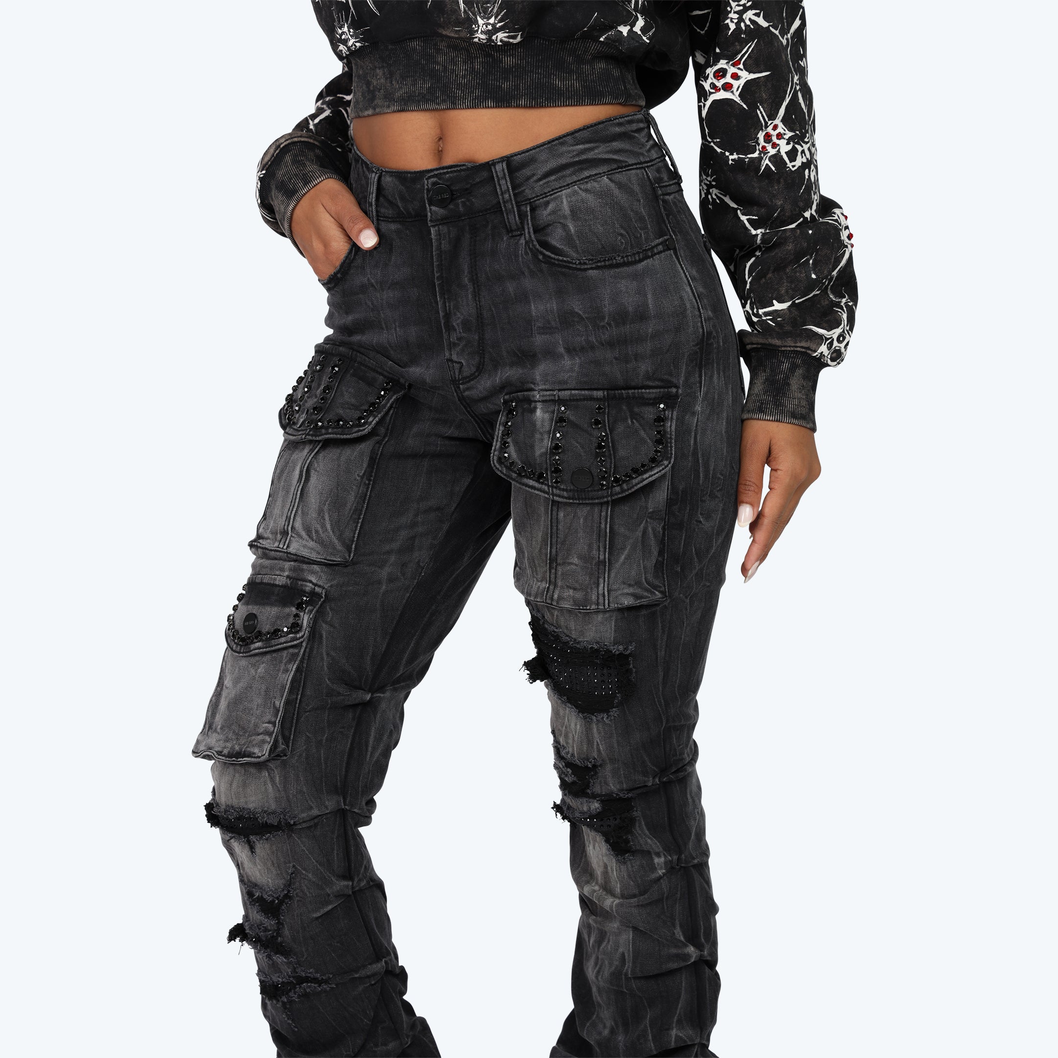 High Rise Stacked Distressed Jeans - Willow Black