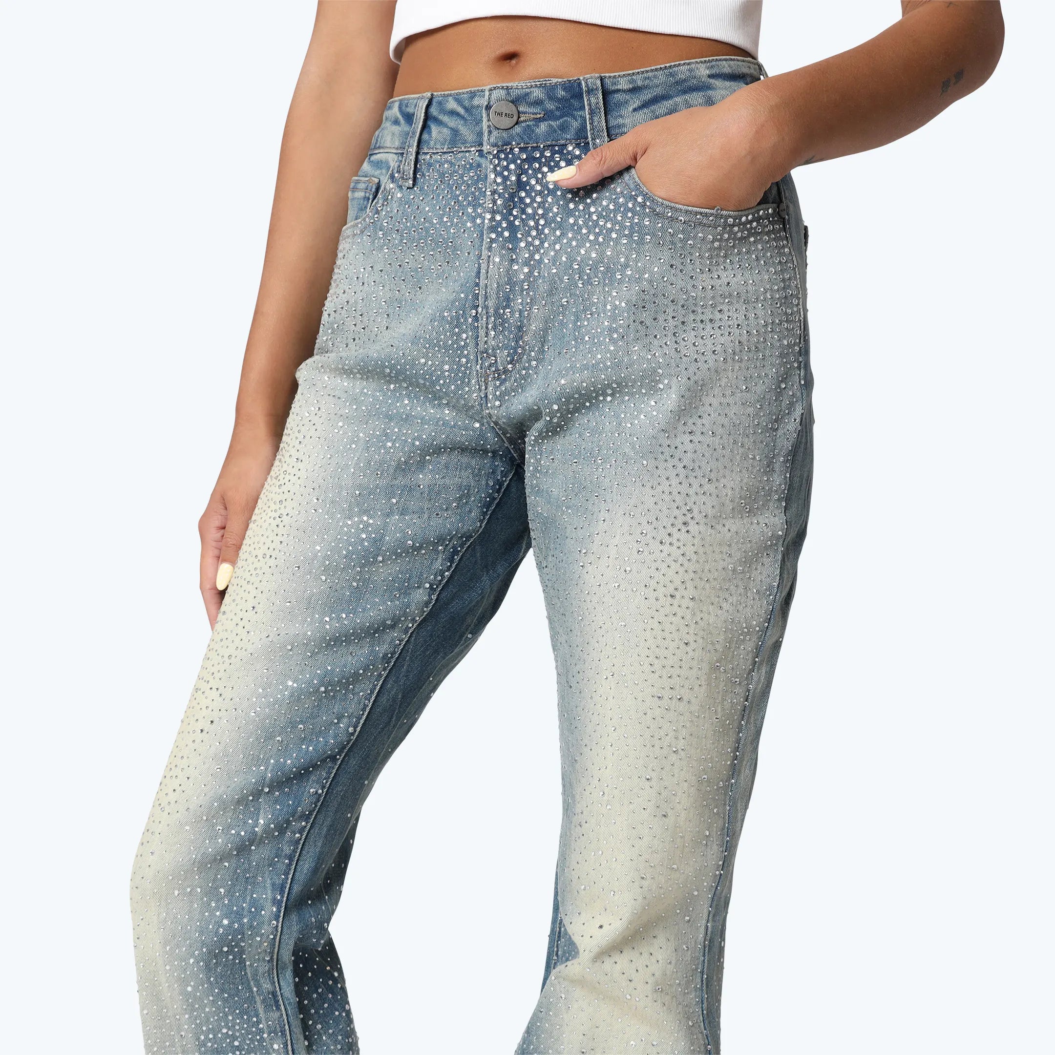 High Rise Stacked Rhinestone Jeans - Georgia Blue