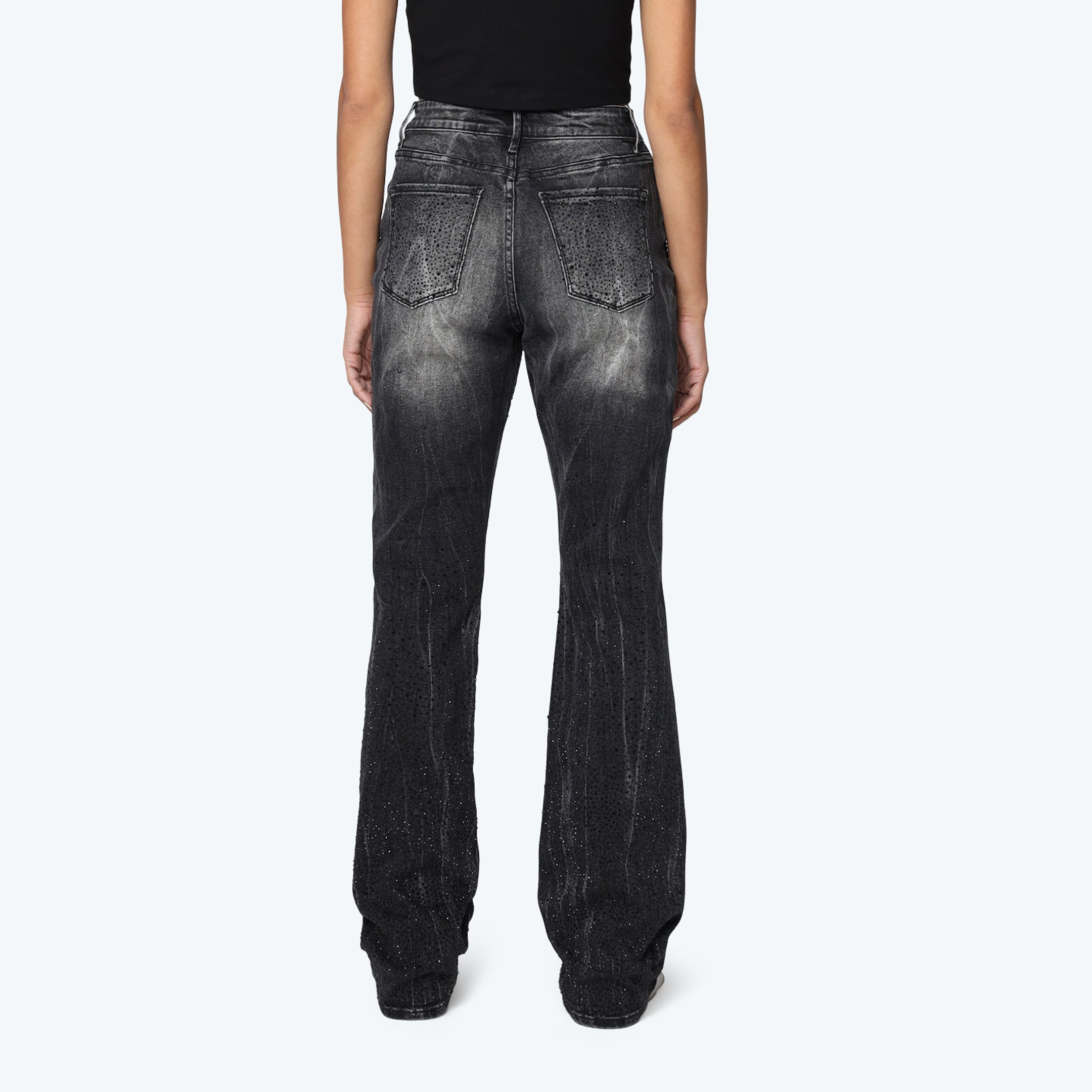 High Rise Stacked Rhinestone Jeans - Lasso Grey