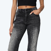 High Rise Stacked Rhinestone Jeans - Lasso Grey
