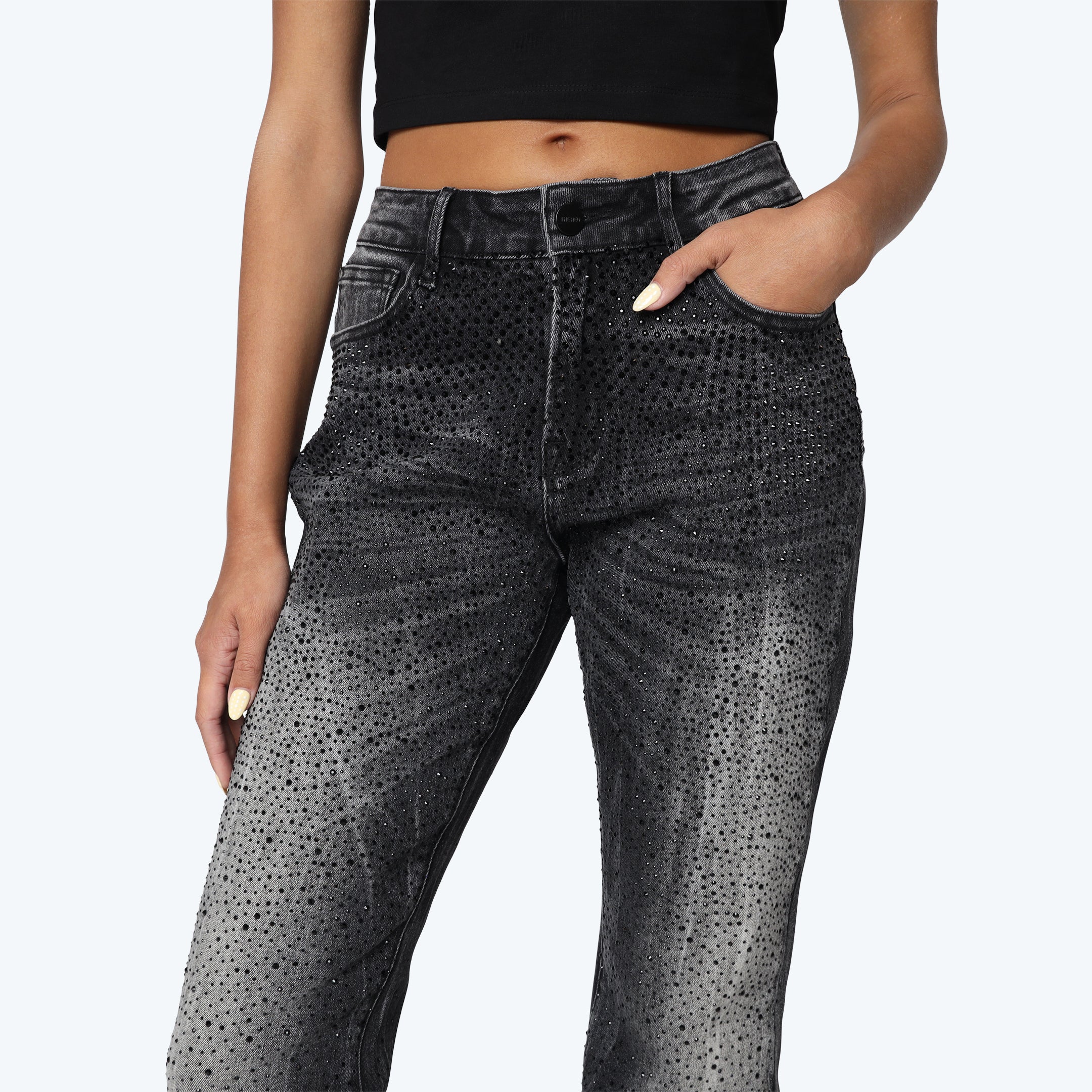 High Rise Stacked Rhinestone Jeans - Lasso Grey