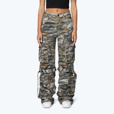 High Rise Wide Leg Cargo Pants - Tiger Camo