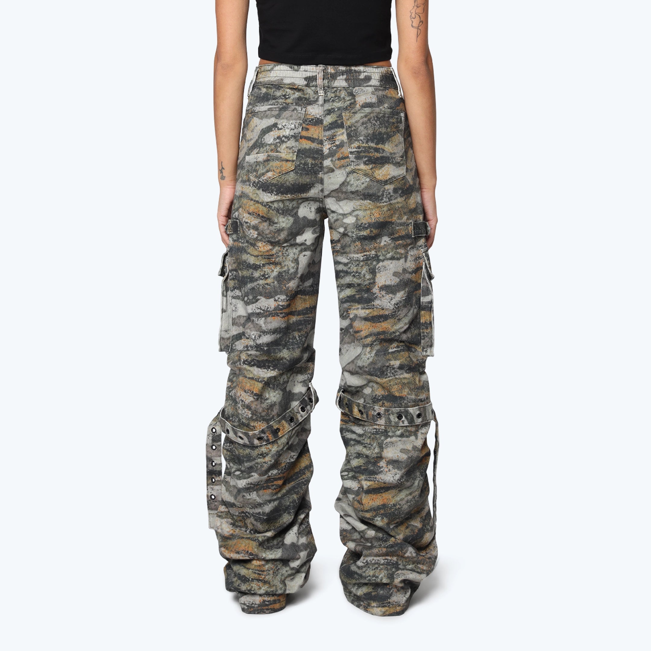 High Rise Wide Leg Cargo Pants - Tiger Camo
