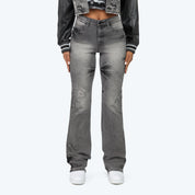 High Rise Stacked Rhinestone Jeans - Eris Grey