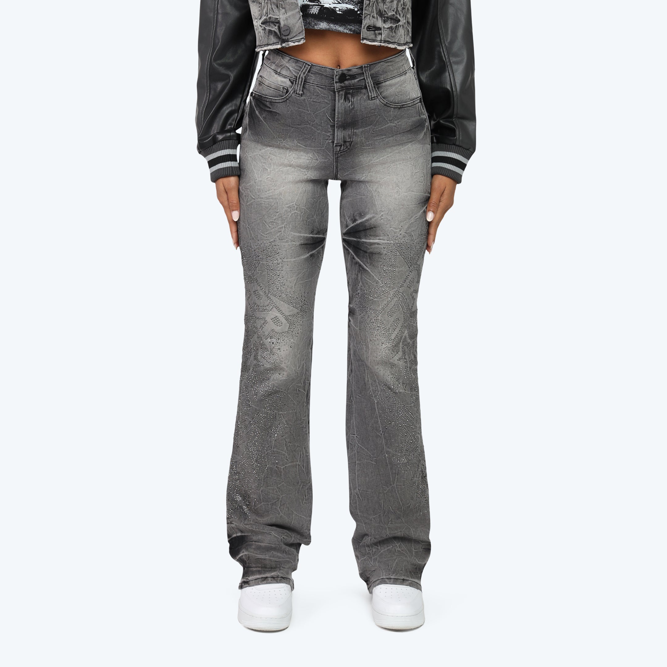 High Rise Stacked Rhinestone Jeans - Eris Grey