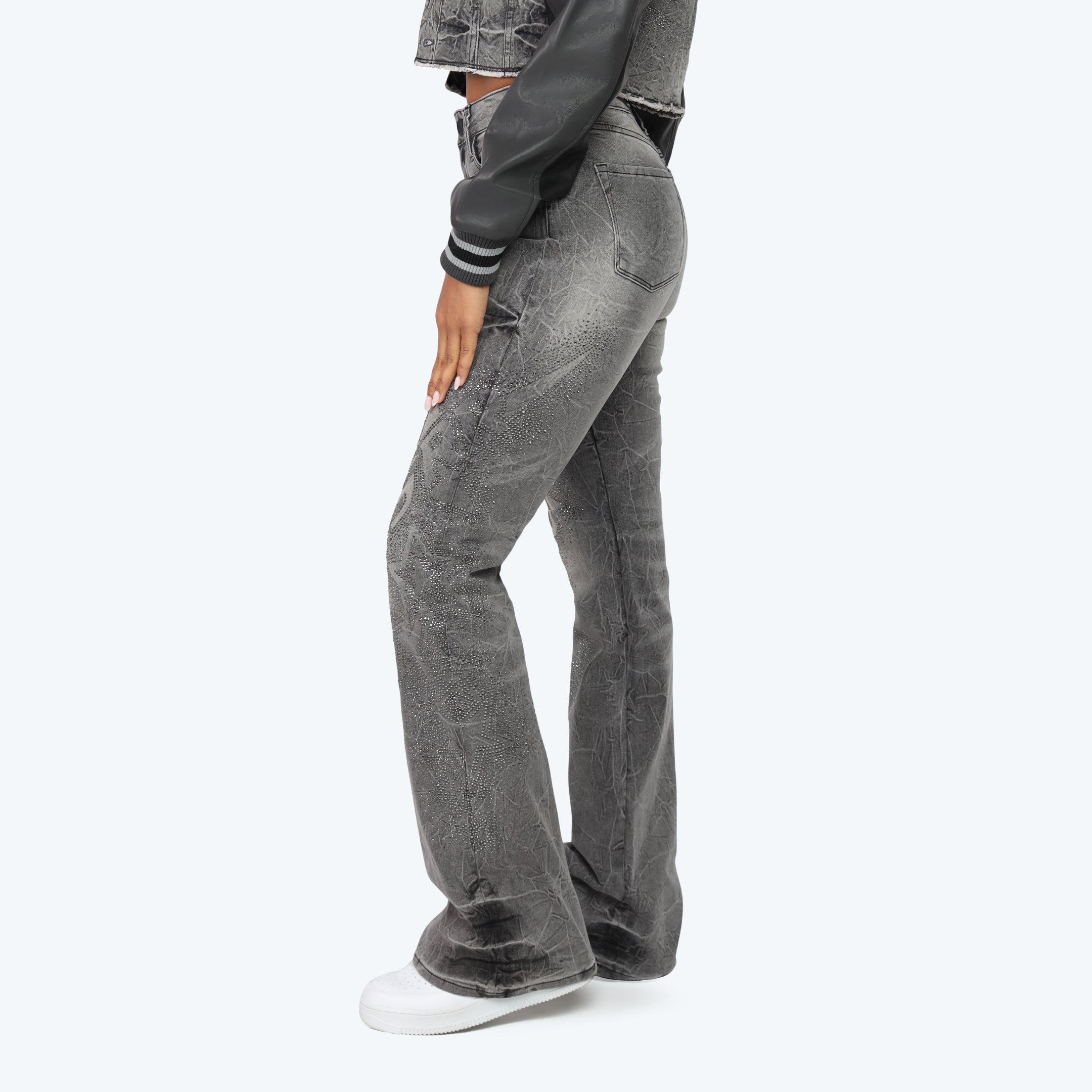 High Rise Stacked Rhinestone Jeans - Eris Grey