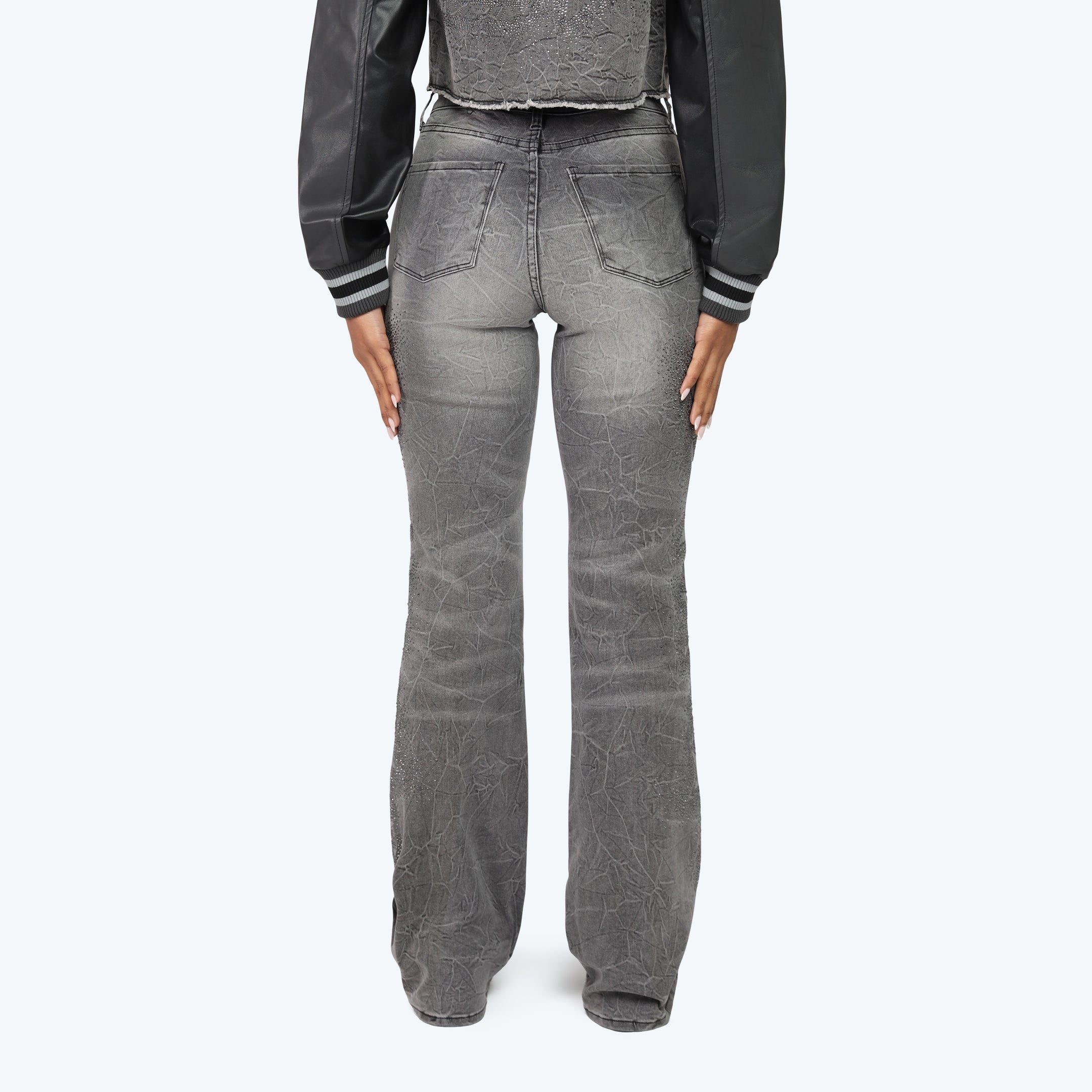 High Rise Stacked Rhinestone Jeans - Eris Grey