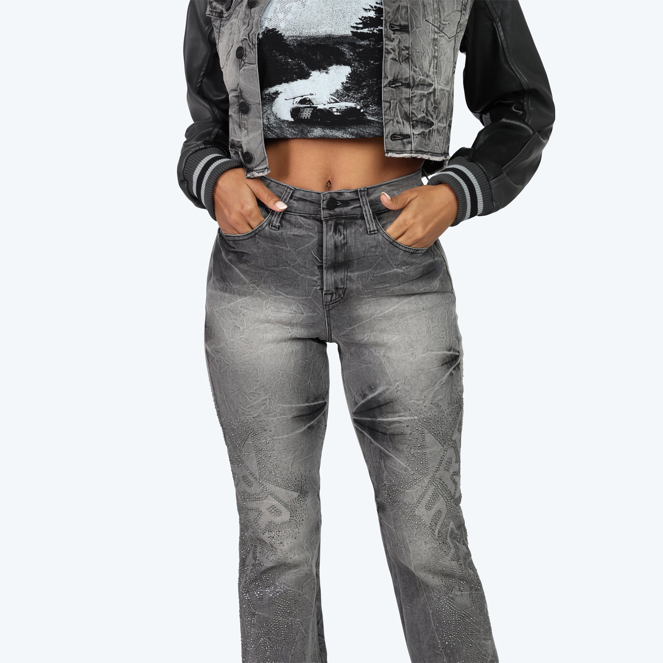 High Rise Stacked Rhinestone Jeans - Eris Grey
