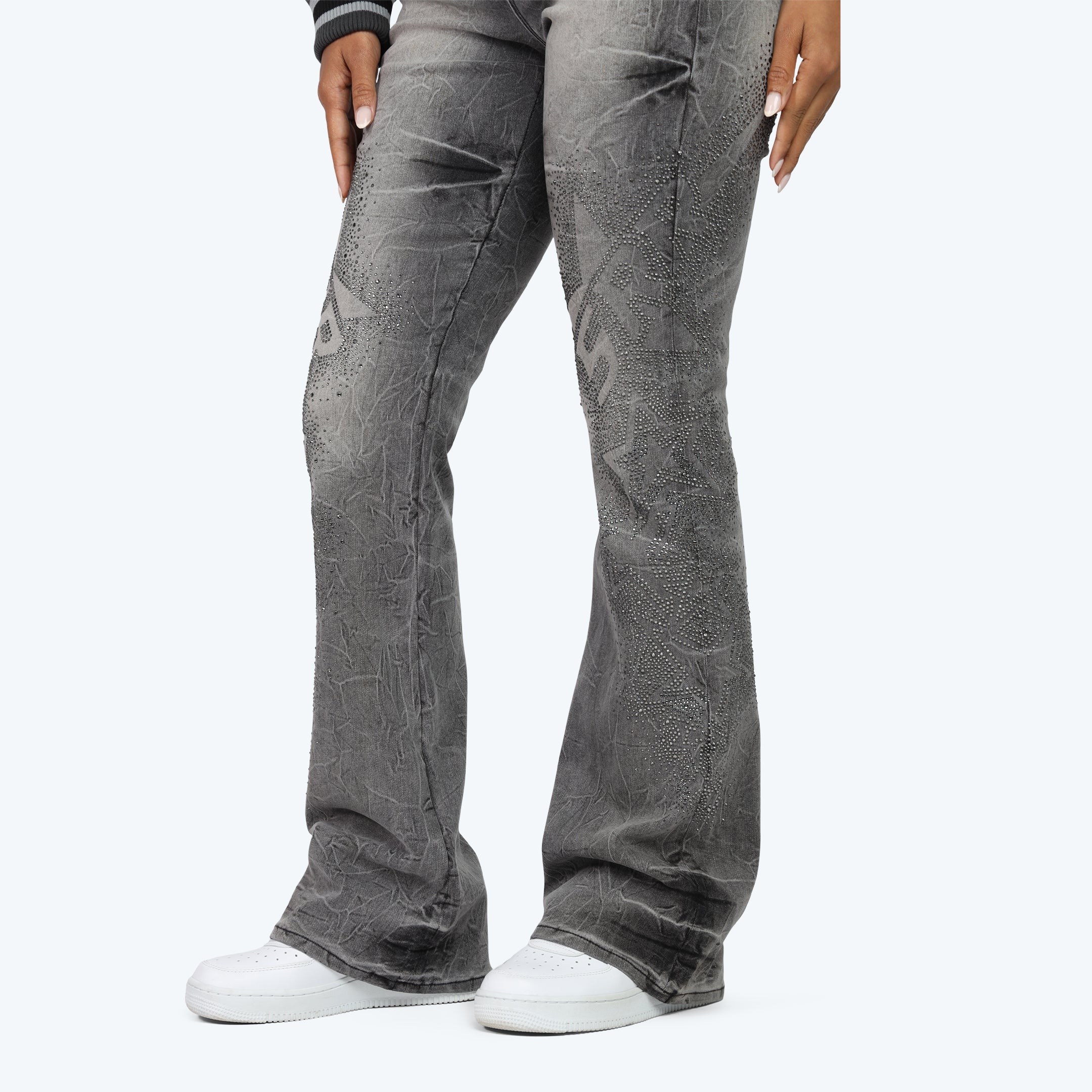 High Rise Stacked Rhinestone Jeans - Eris Grey