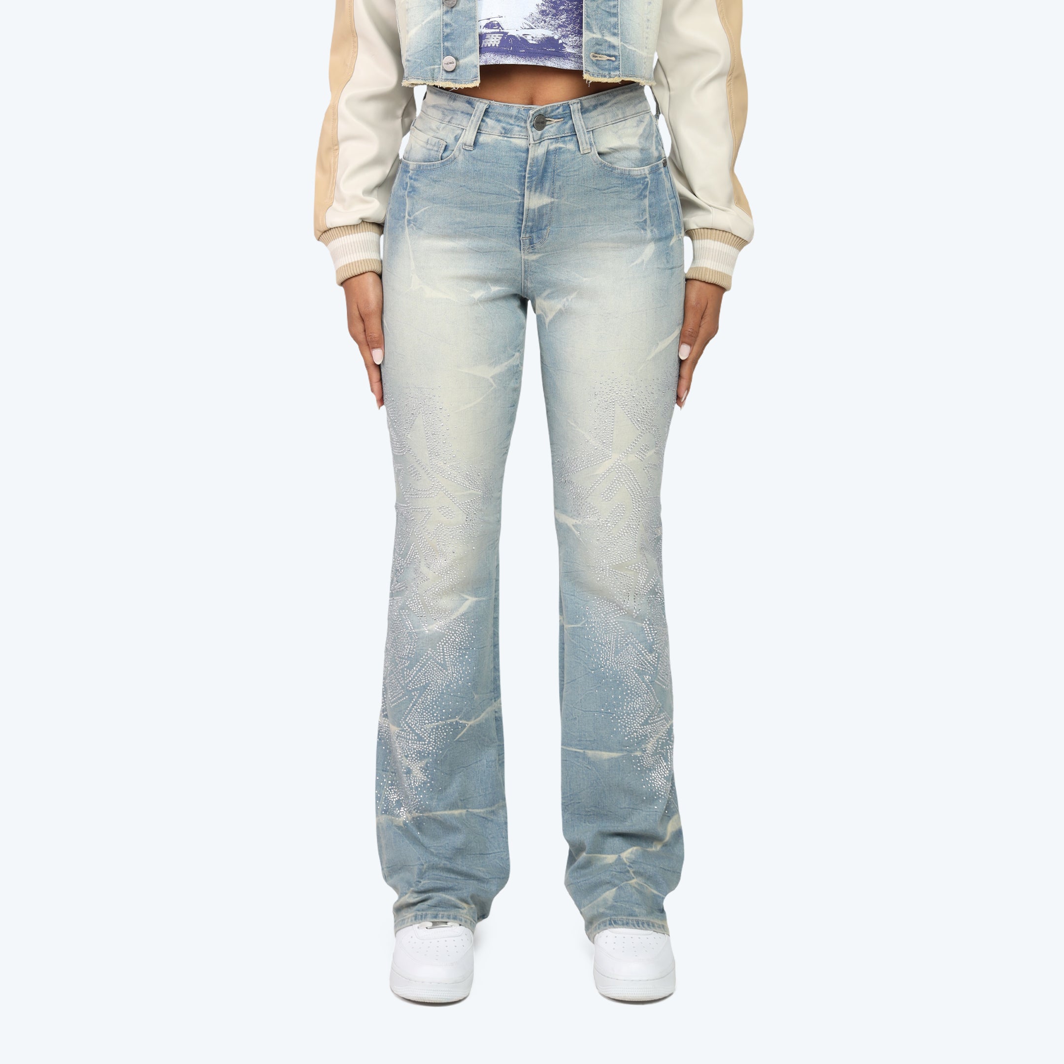 High Rise Stacked Rhinestone Jeans - Modena Blue