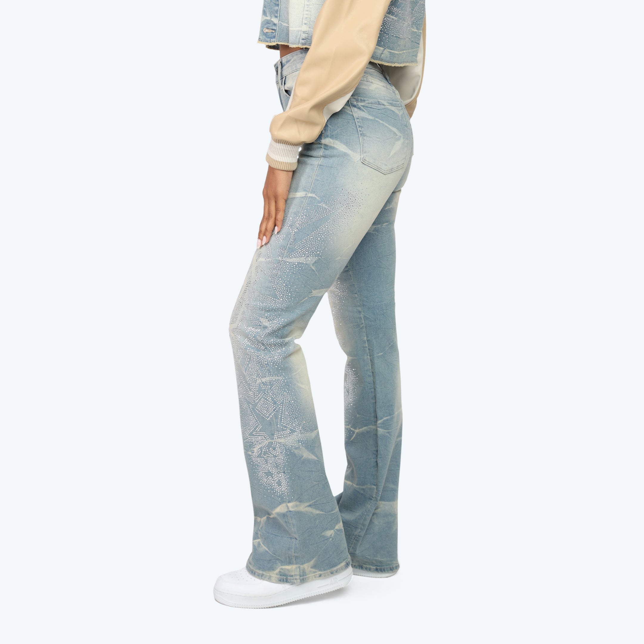 High Rise Stacked Rhinestone Jeans - Modena Blue