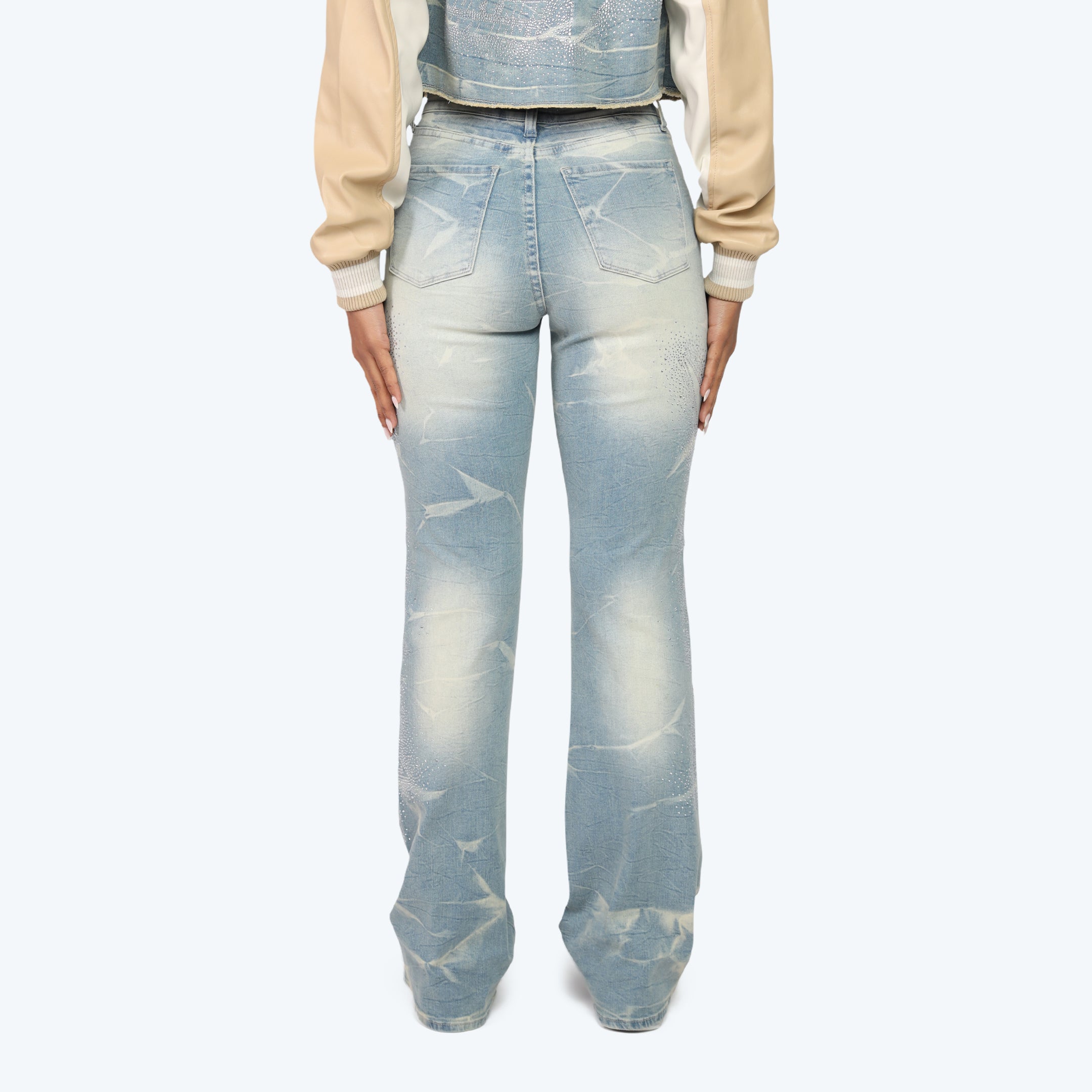 High Rise Stacked Rhinestone Jeans - Modena Blue