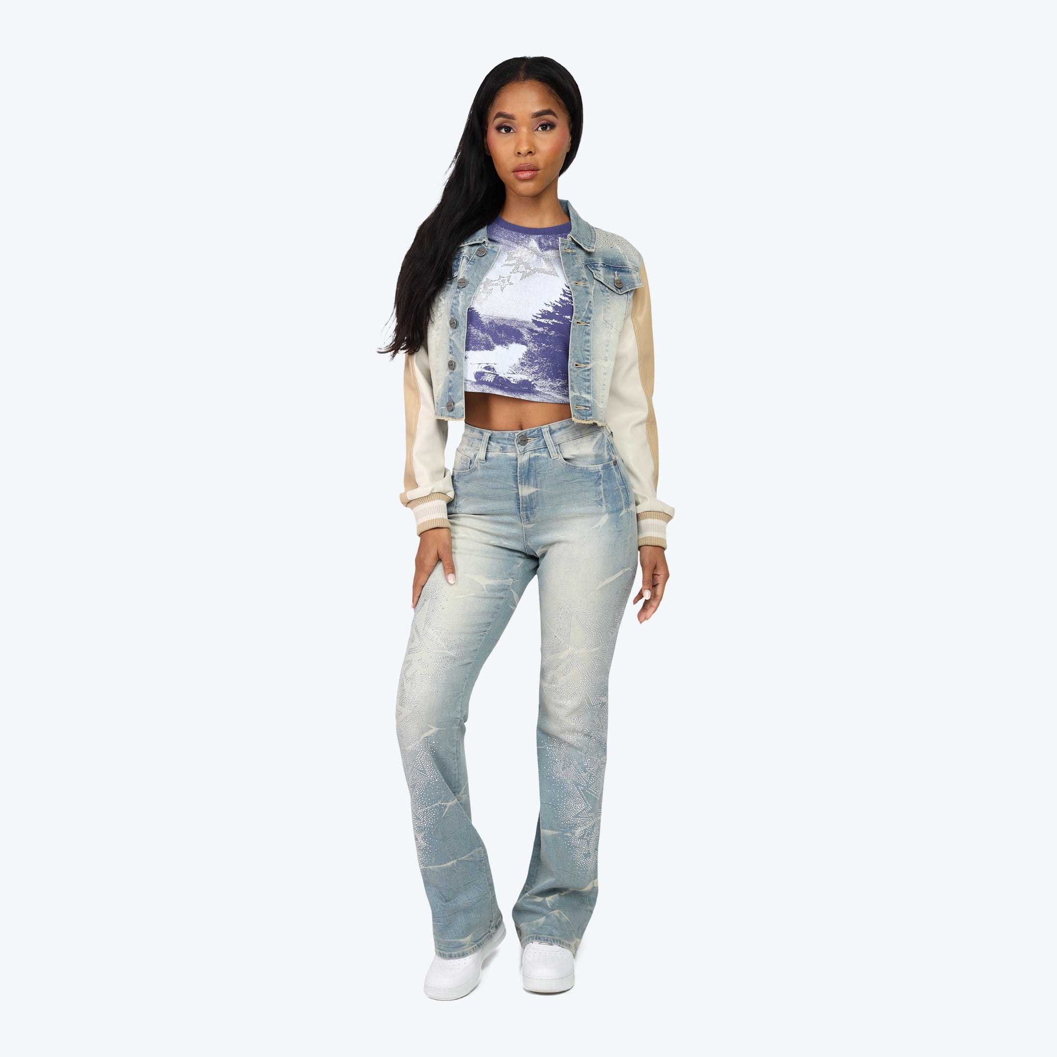 High Rise Stacked Rhinestone Jeans - Modena Blue