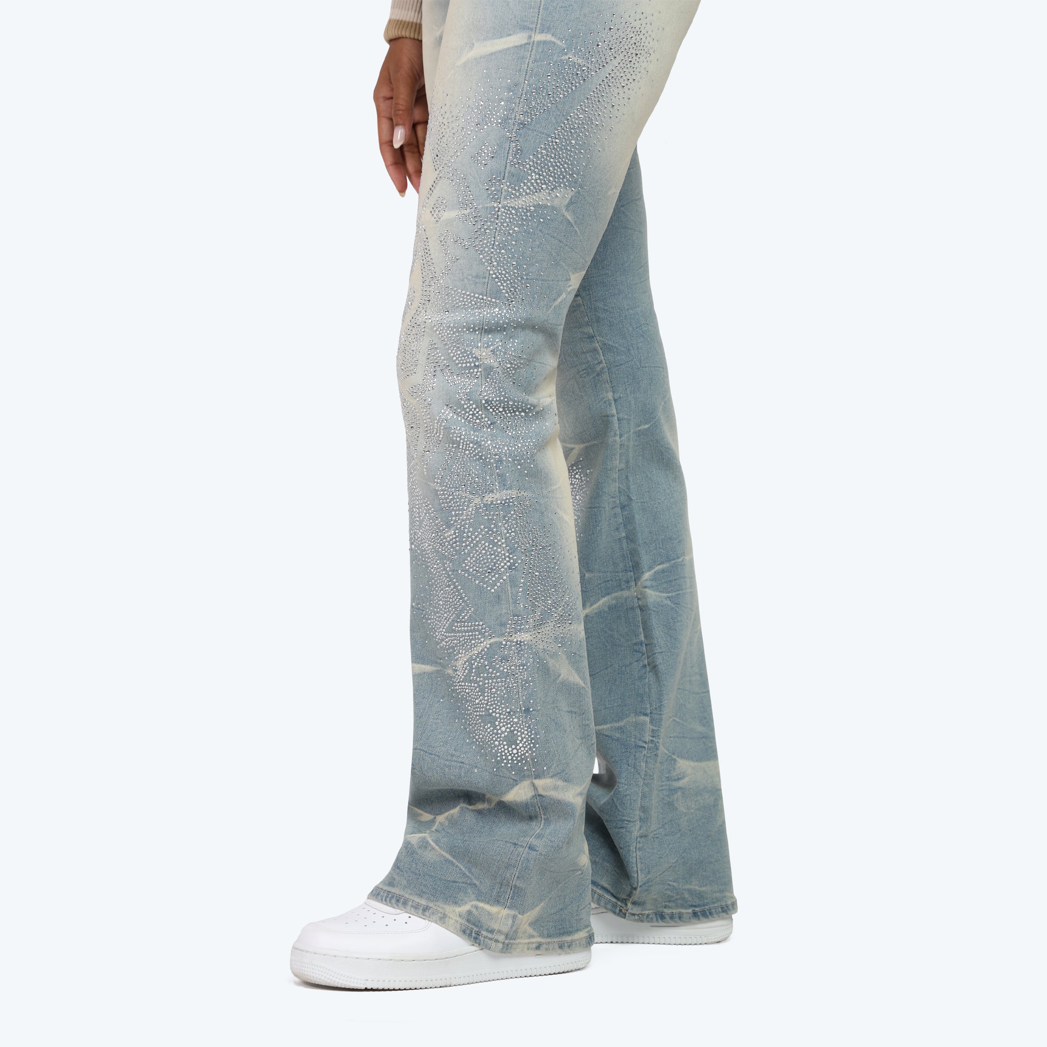 High Rise Stacked Rhinestone Jeans - Modena Blue