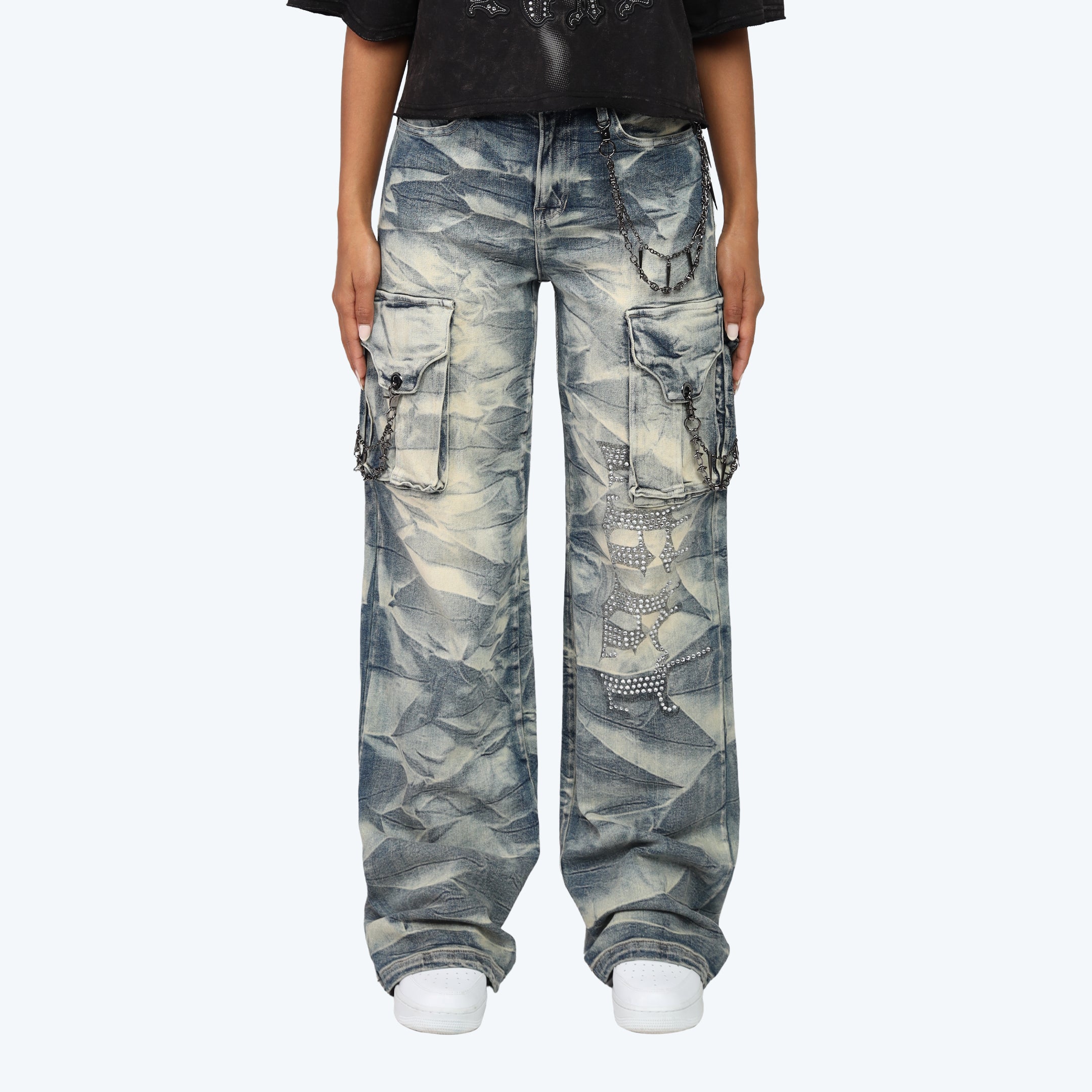 High Rise Wide Leg Chain Jeans - Blue Toast