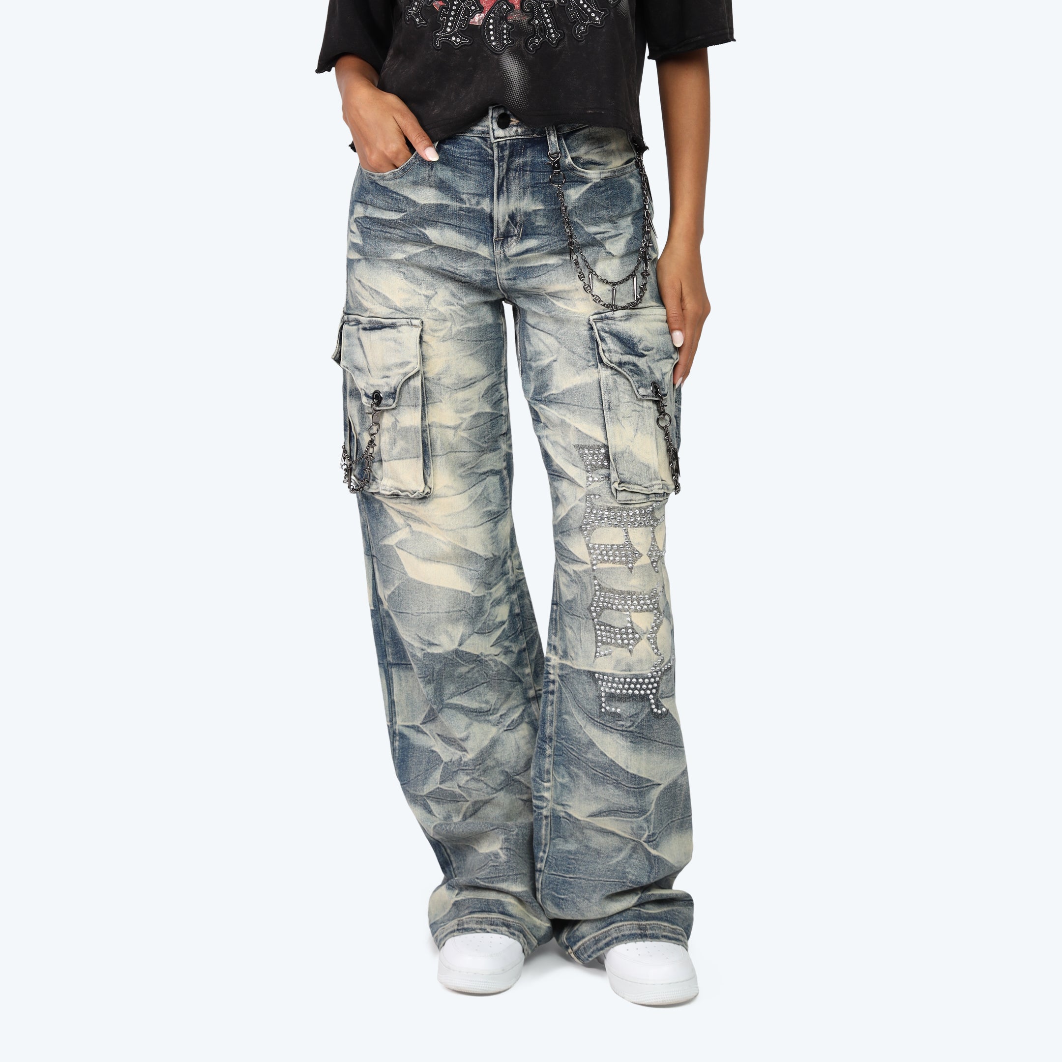 High Rise Wide Leg Chain Jeans - Blue Toast