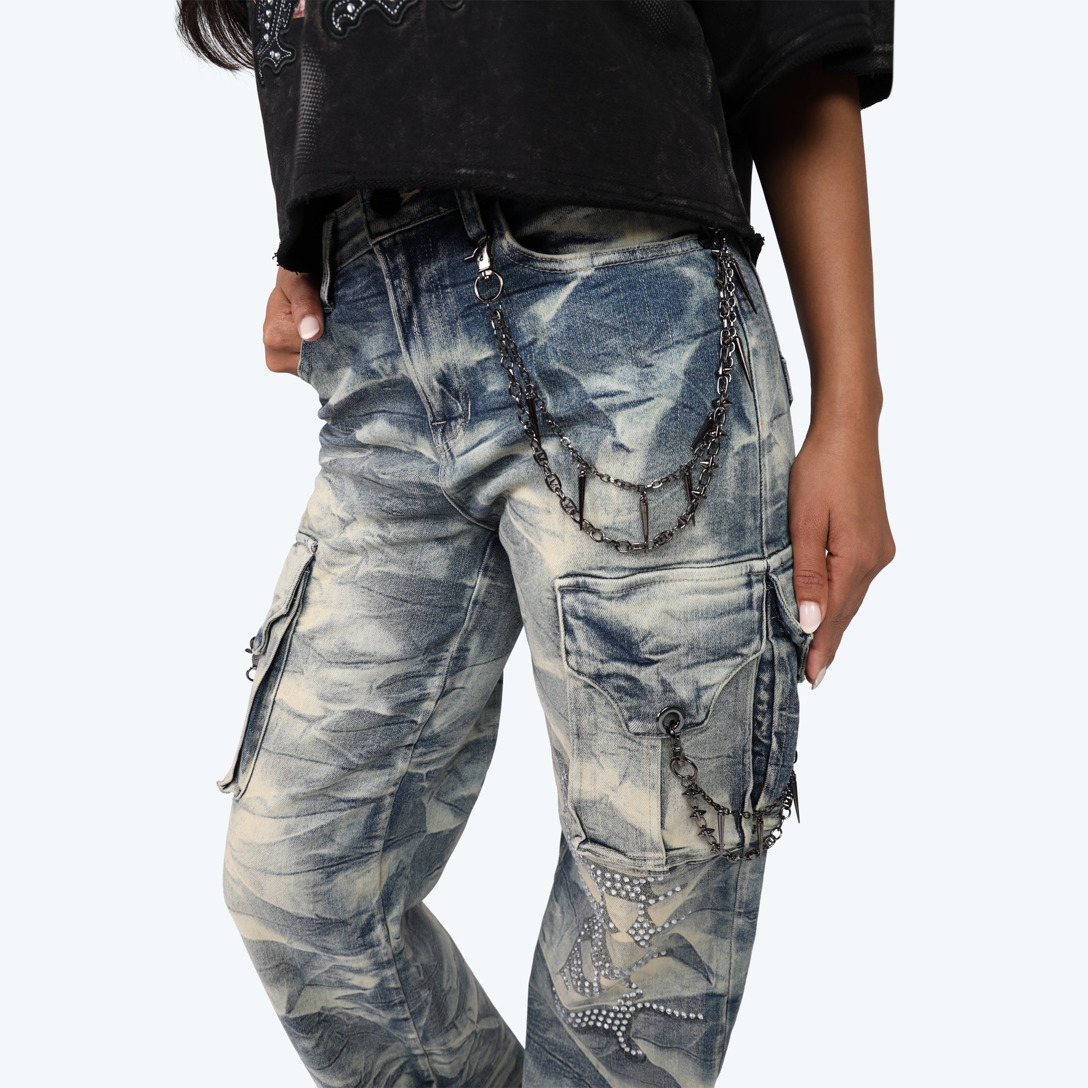 High Rise Wide Leg Chain Jeans - Blue Toast
