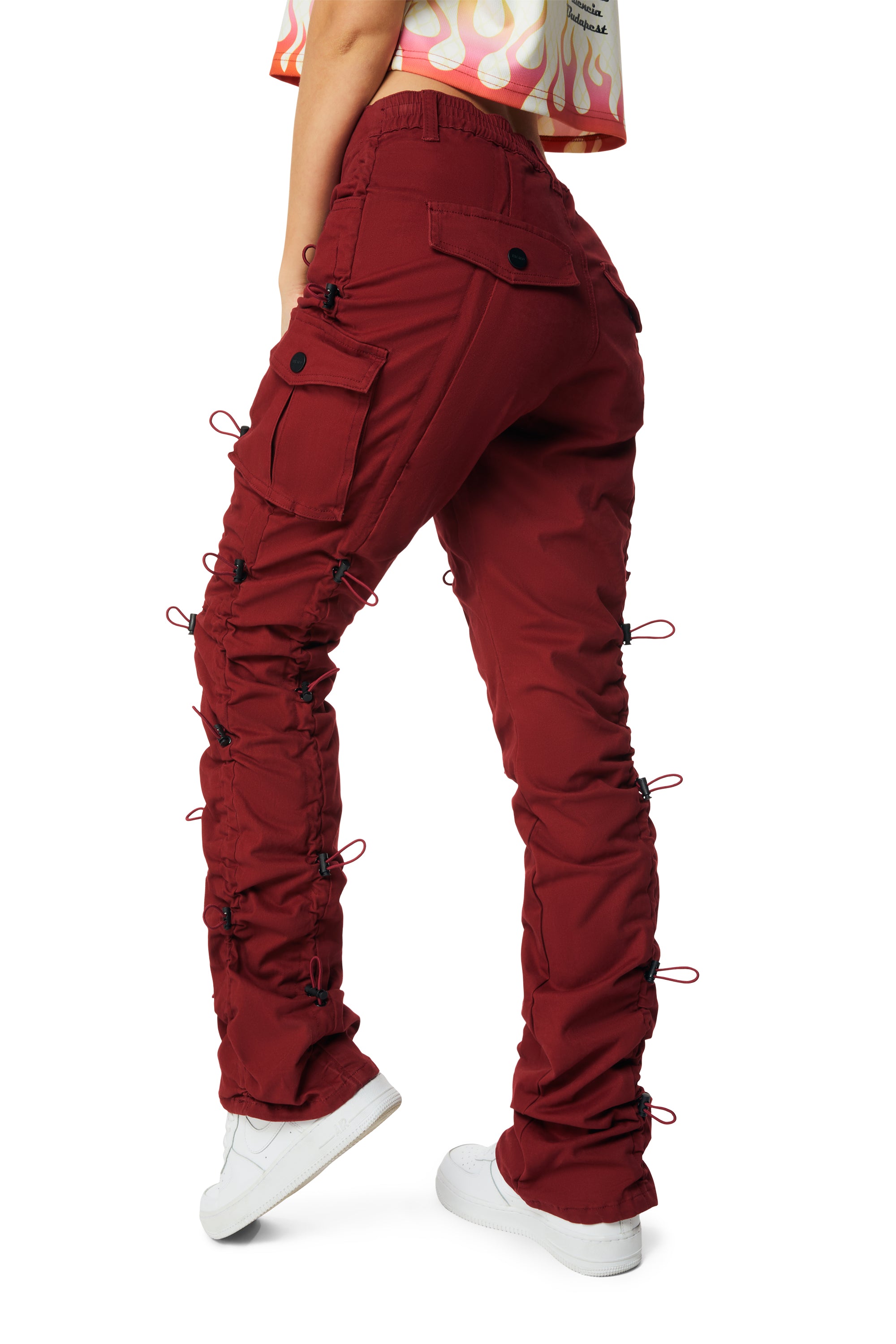 High Rise Multi Bungee Stacked Twill Pants - True Red