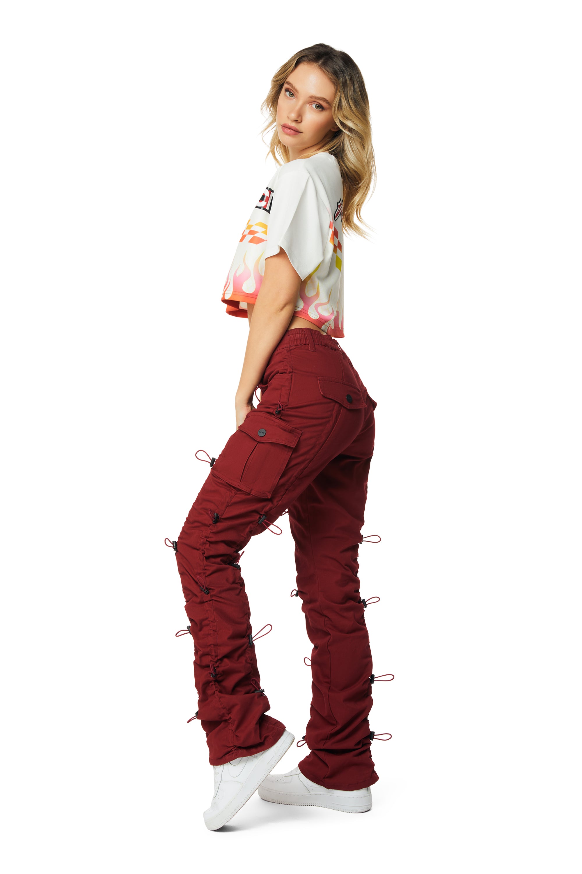 High Rise Multi Bungee Stacked Twill Pants - True Red