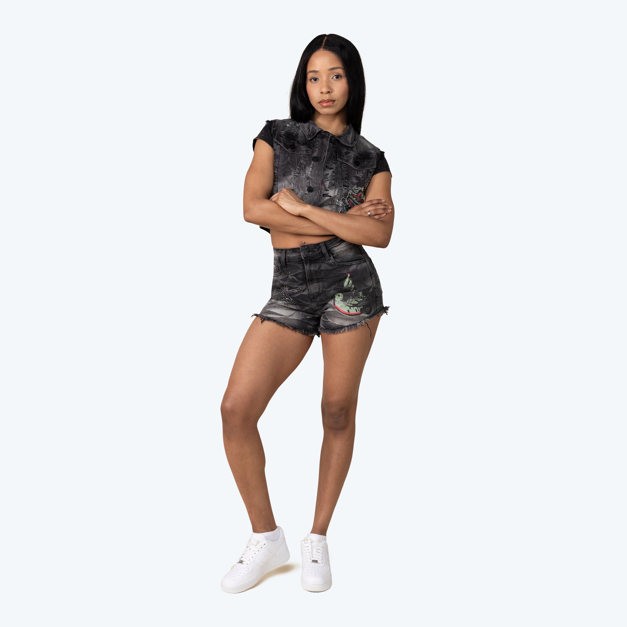 Trucker Graphic Denim Vest - Gail Black