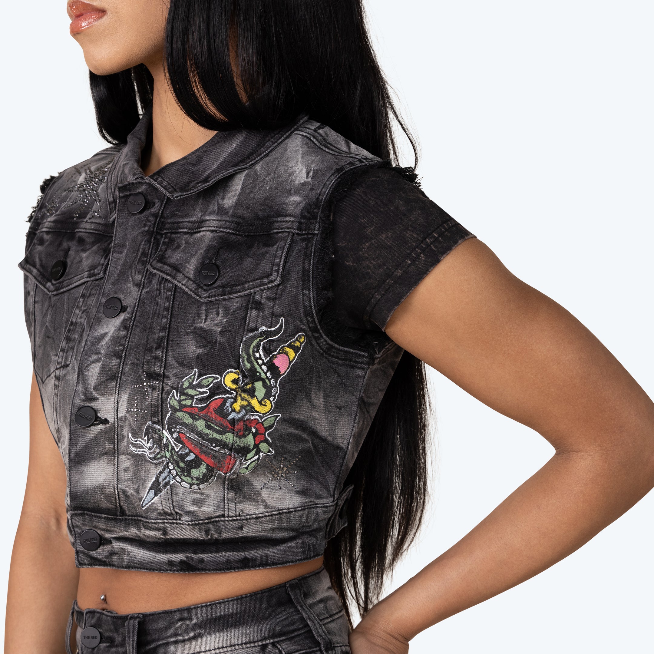 Trucker Graphic Denim Vest - Gail Black