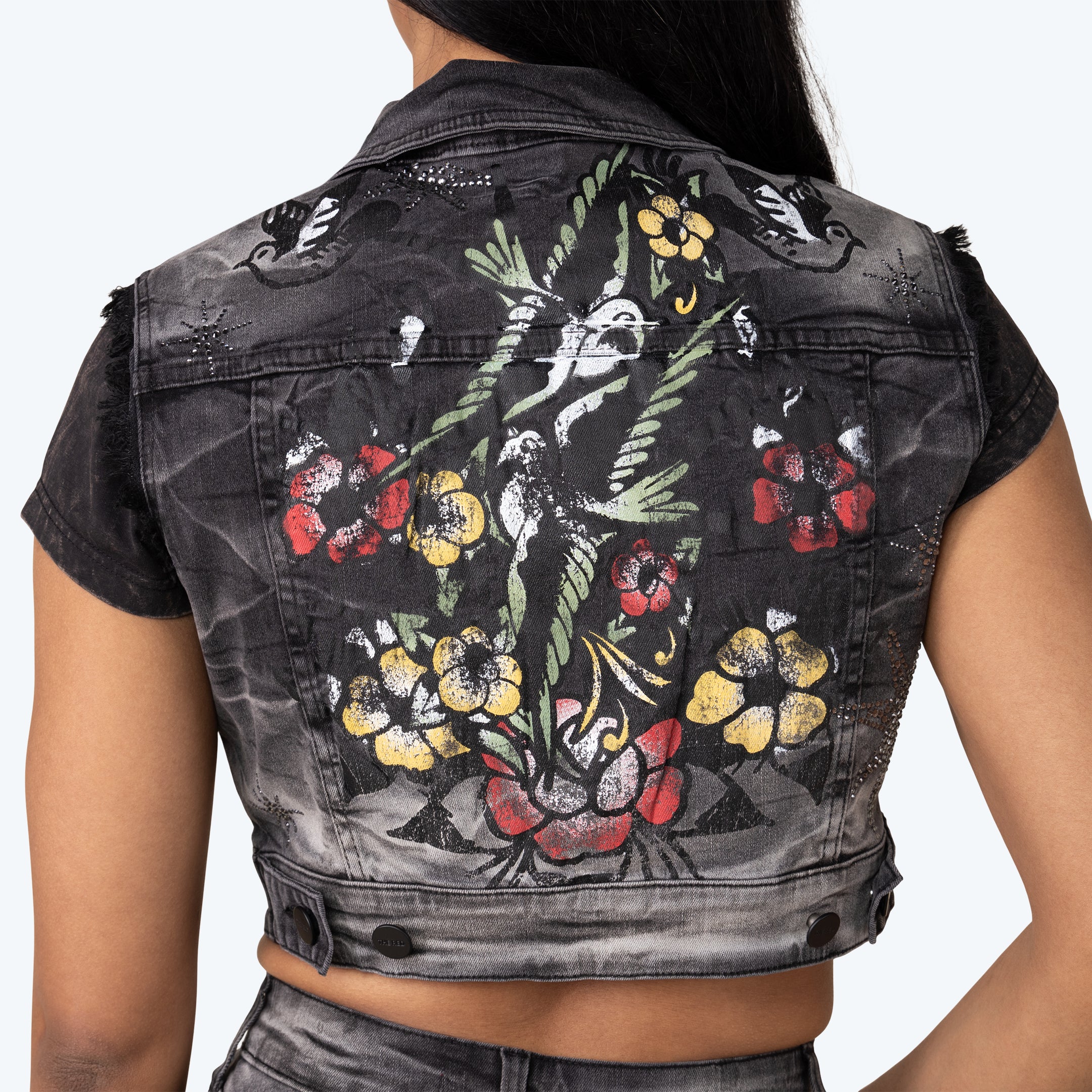 Trucker Graphic Denim Vest - Gail Black