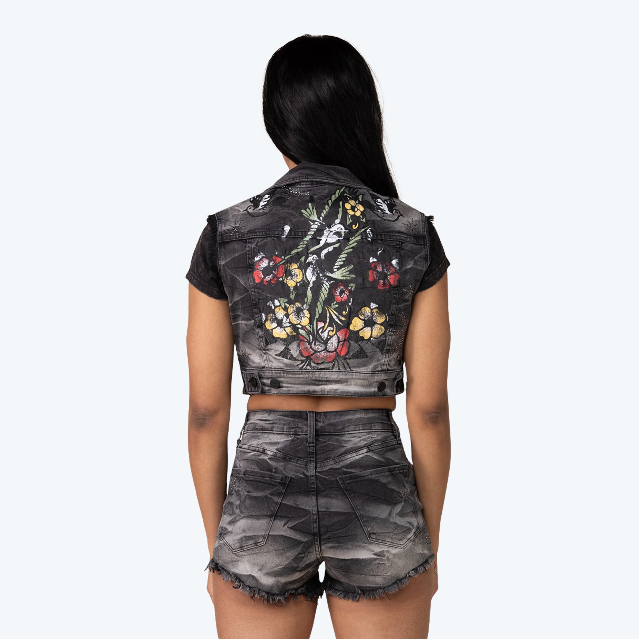 Trucker Graphic Denim Vest - Gail Black
