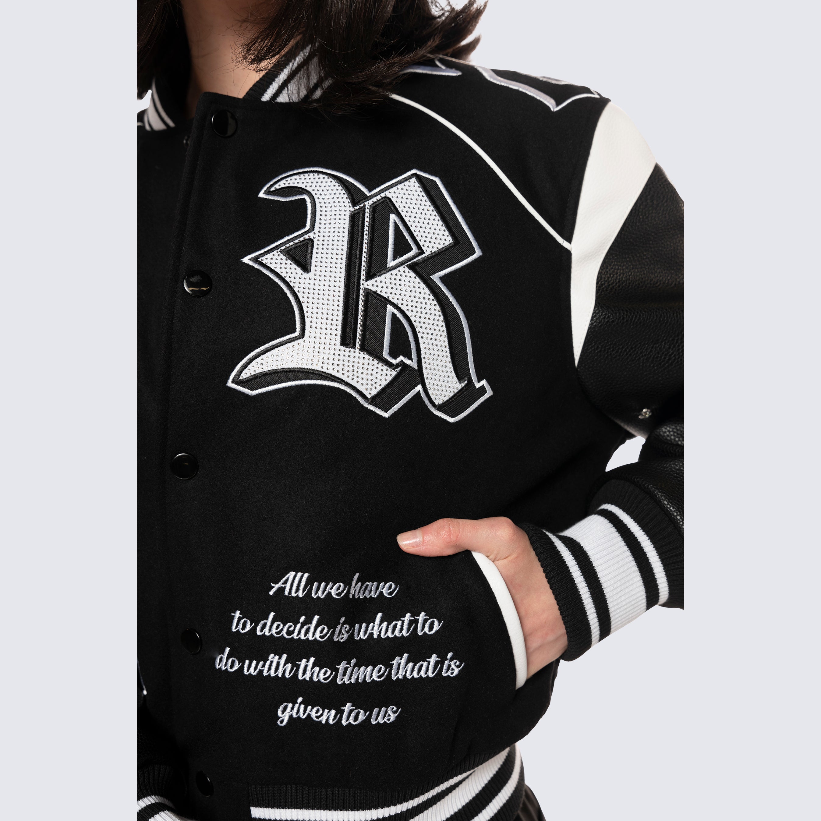 Rhinestone Varsity Jacket - Black