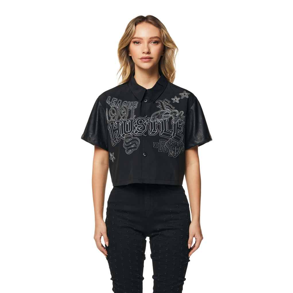 Smoke Rise RED Embroidery Button Down Shirt - Black