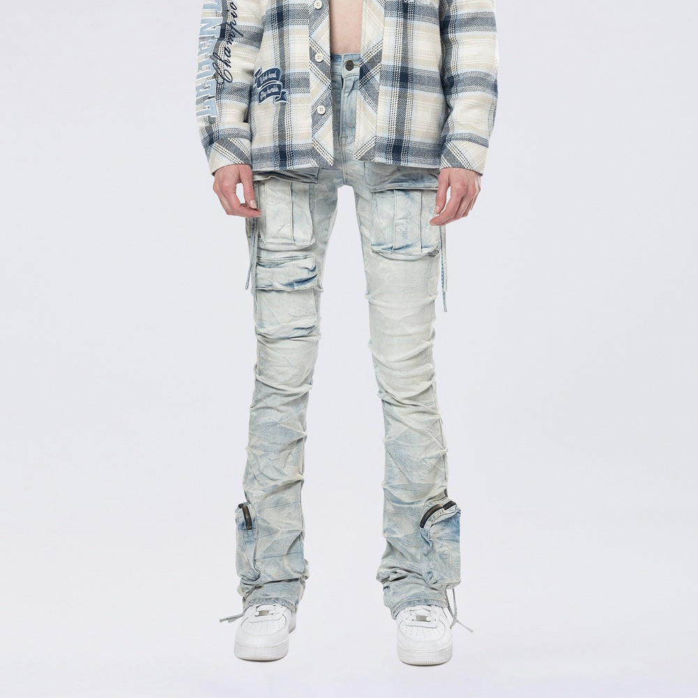 High Rise Stacked Cargo Jeans - Marshfield Blue