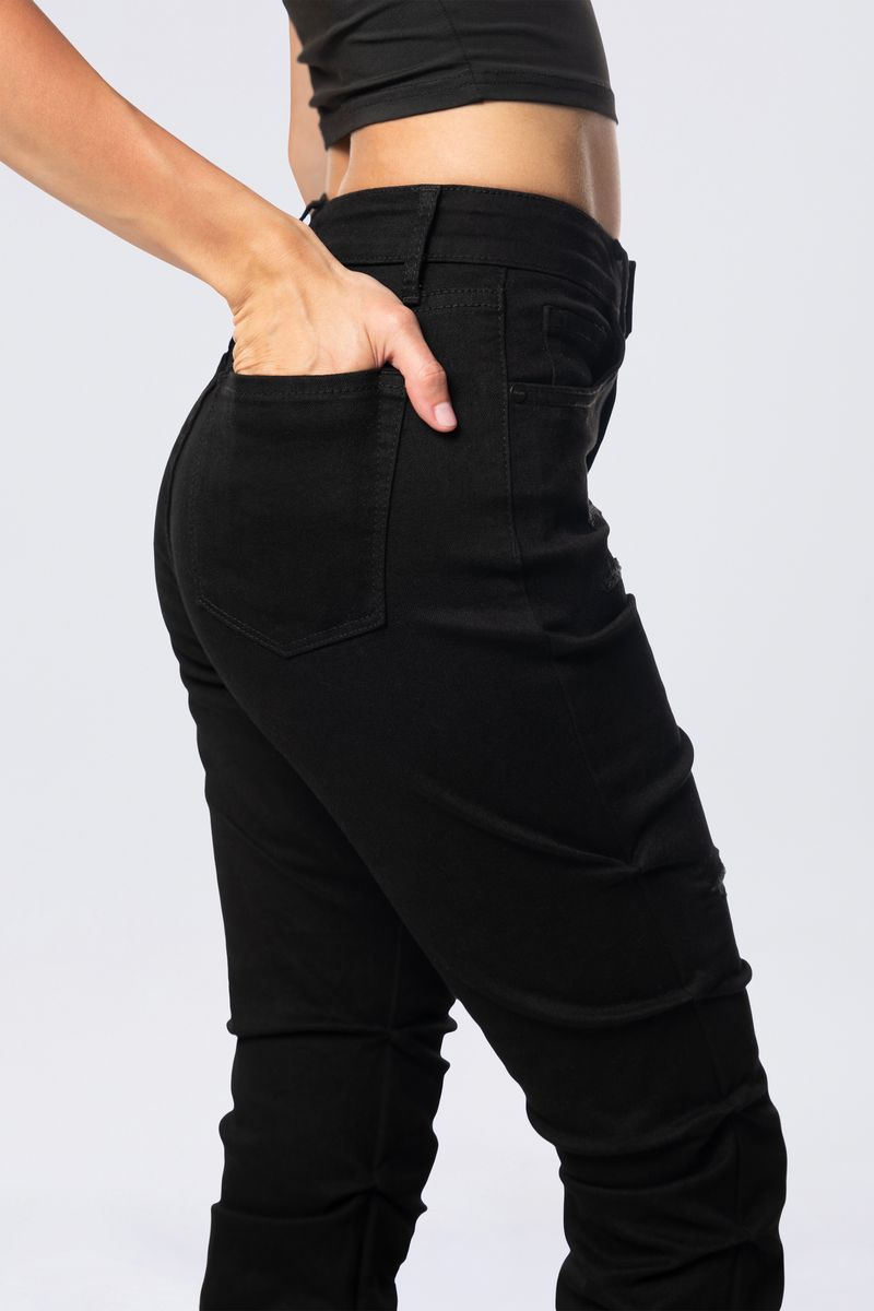 High Rise Bootcut Stacked Ripped Jeans - Deep Black