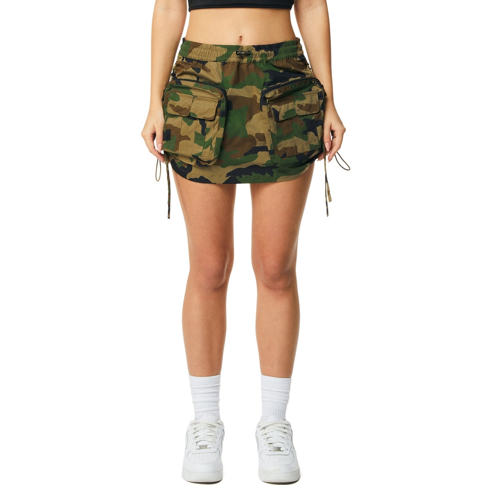 Smoke Rise RED Utility Shirring Mini Skirt - Wood Camo