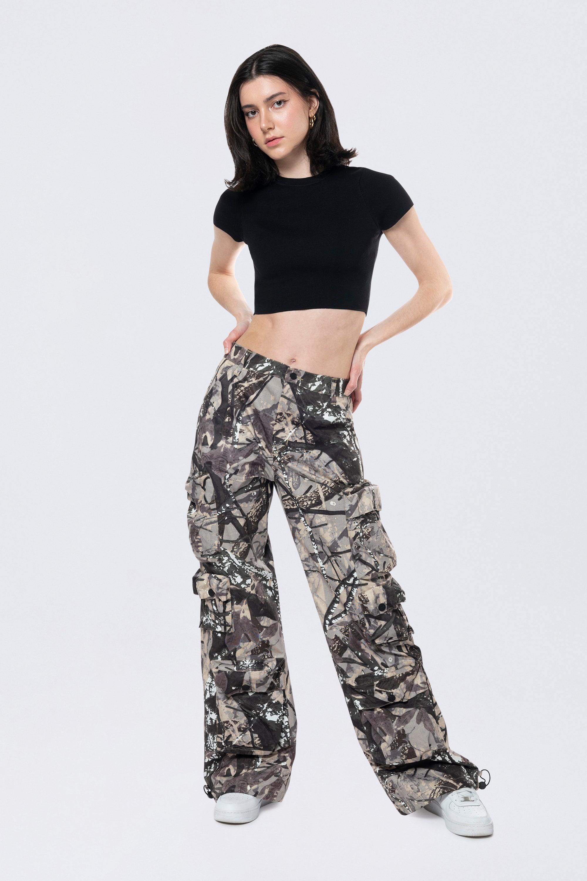 Wide Leg Cargo Pants - Olive Hunting Camo