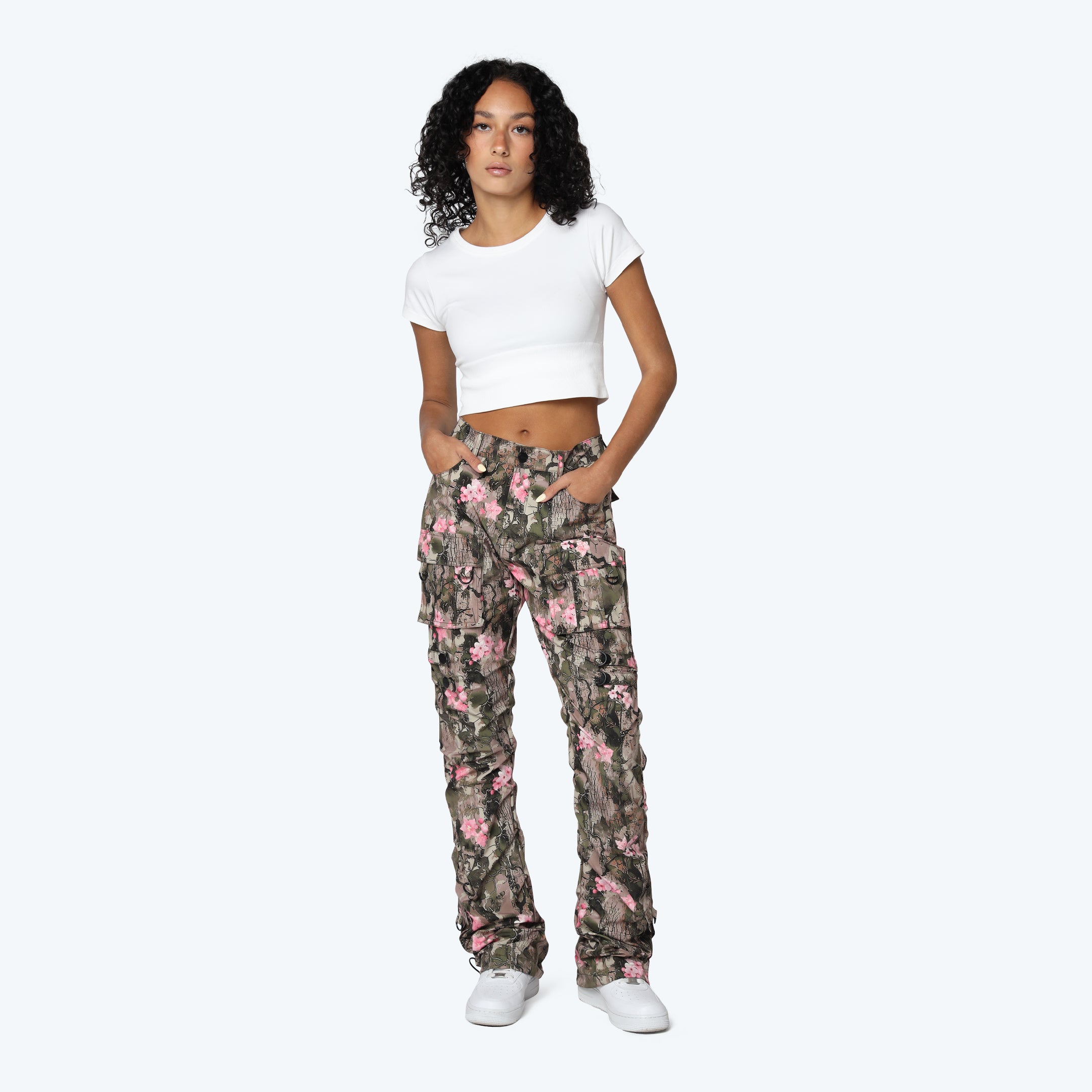 High Rise Side Pinched Stacked Pants - Blossom Tree Camo