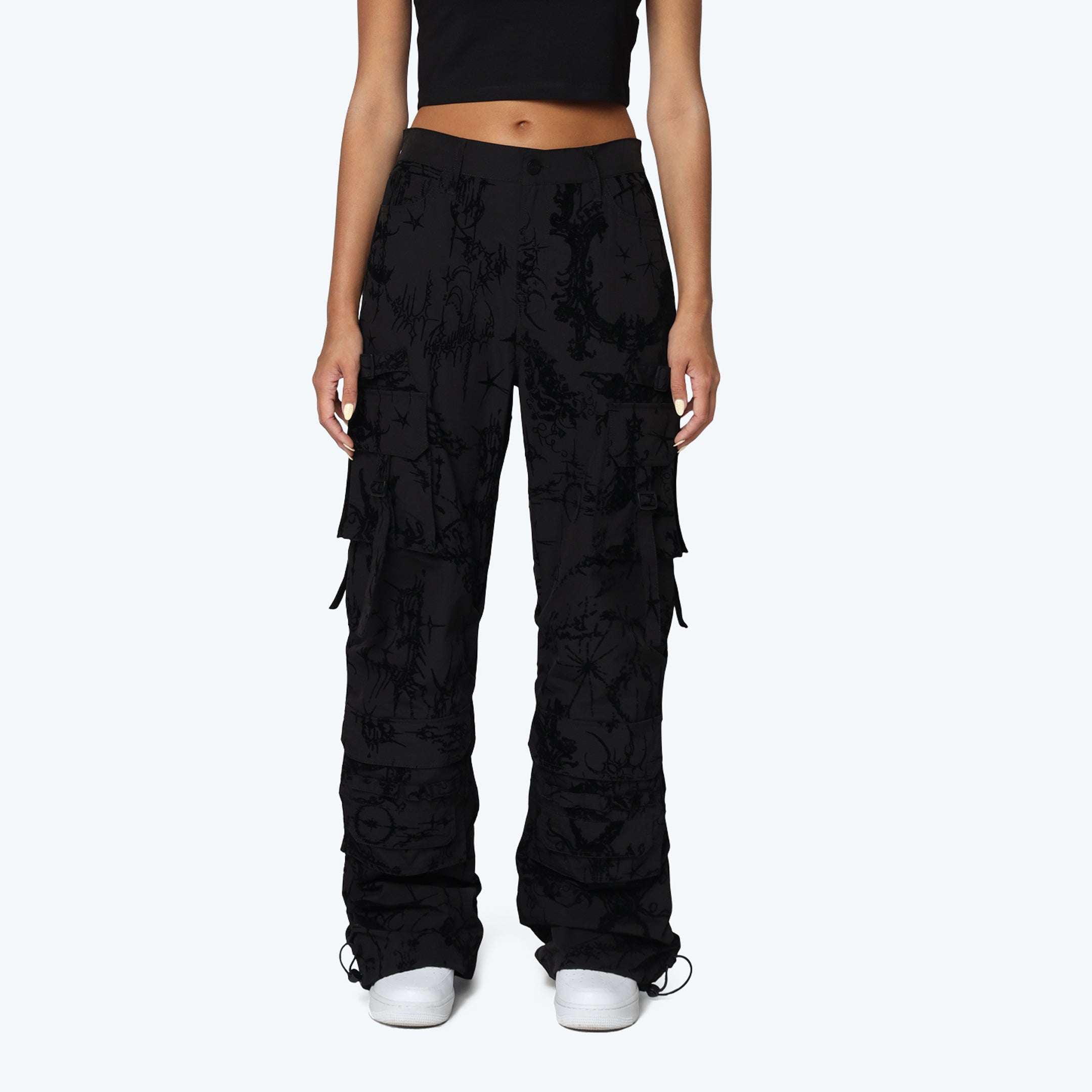 Wide Legged Flocked Pants - Lucid Black