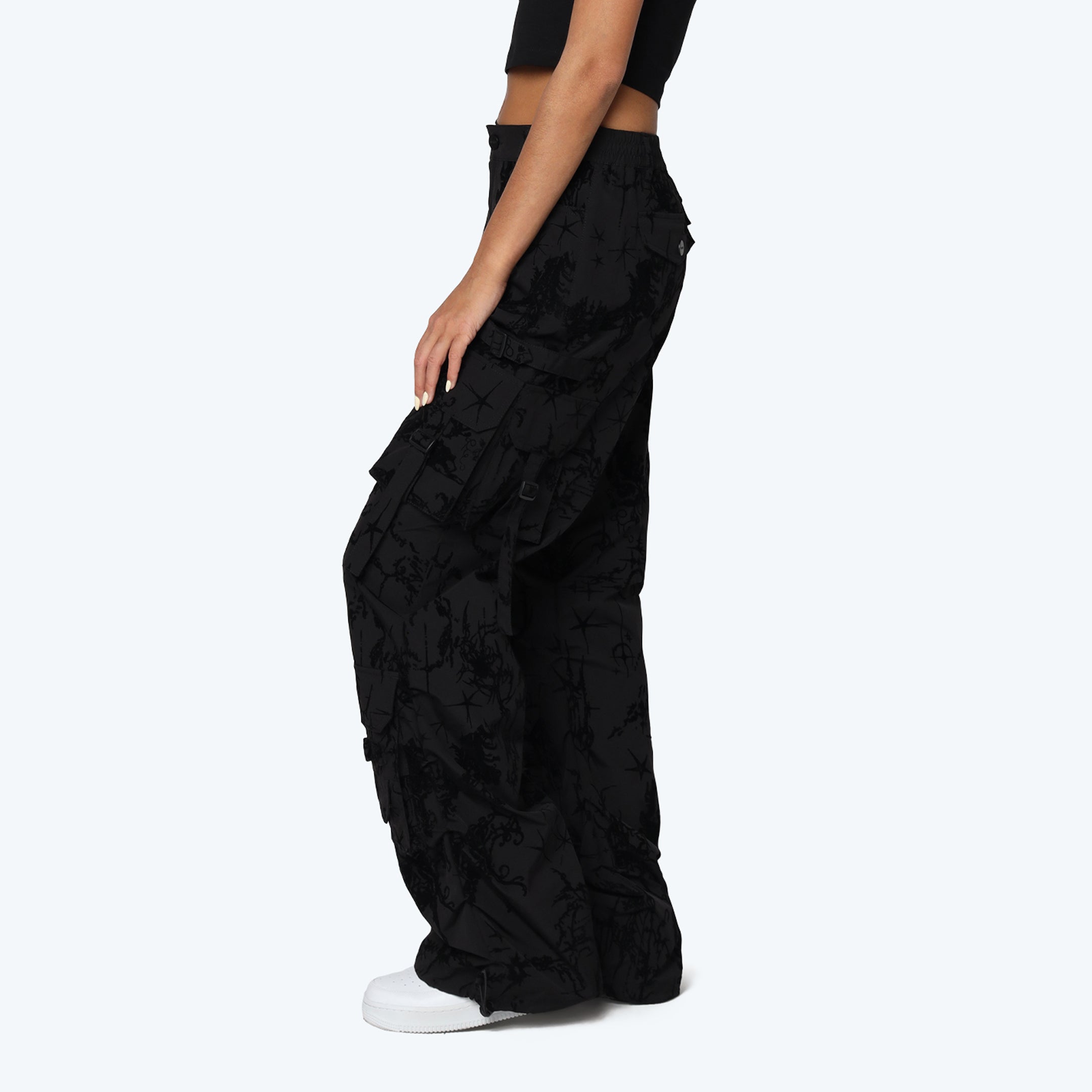Wide Legged Flocked Pants - Lucid Black