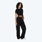 Wide Legged Flocked Pants - Lucid Black