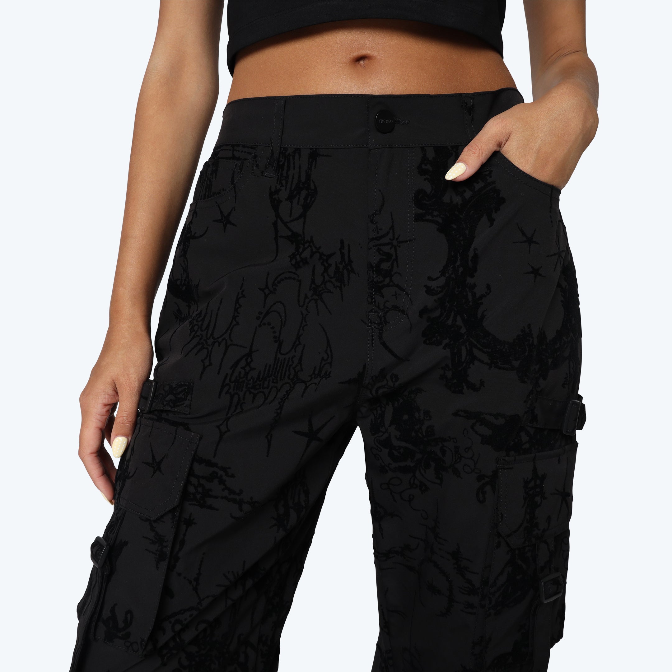 Wide Legged Flocked Pants - Lucid Black