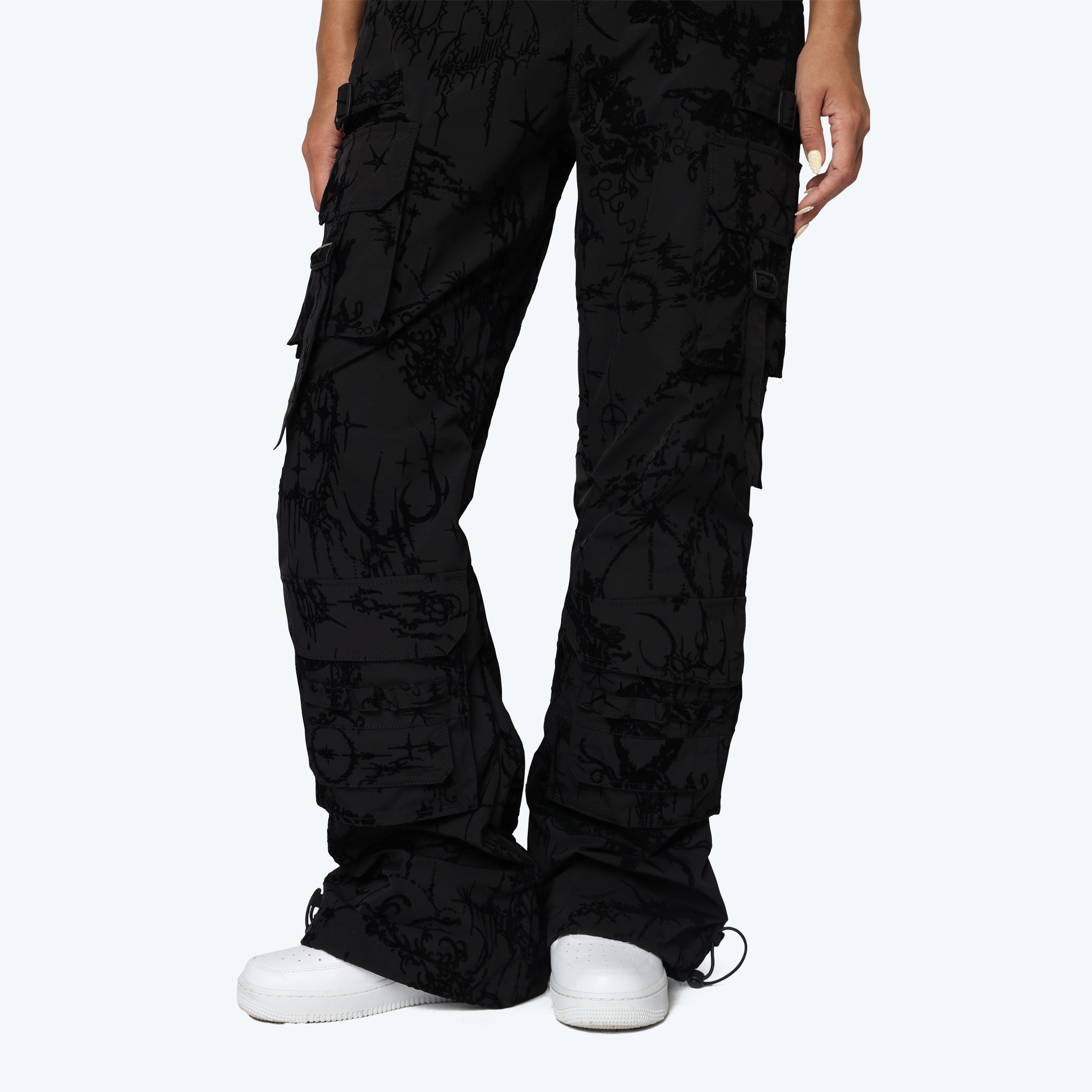 Wide Legged Flocked Pants - Lucid Black