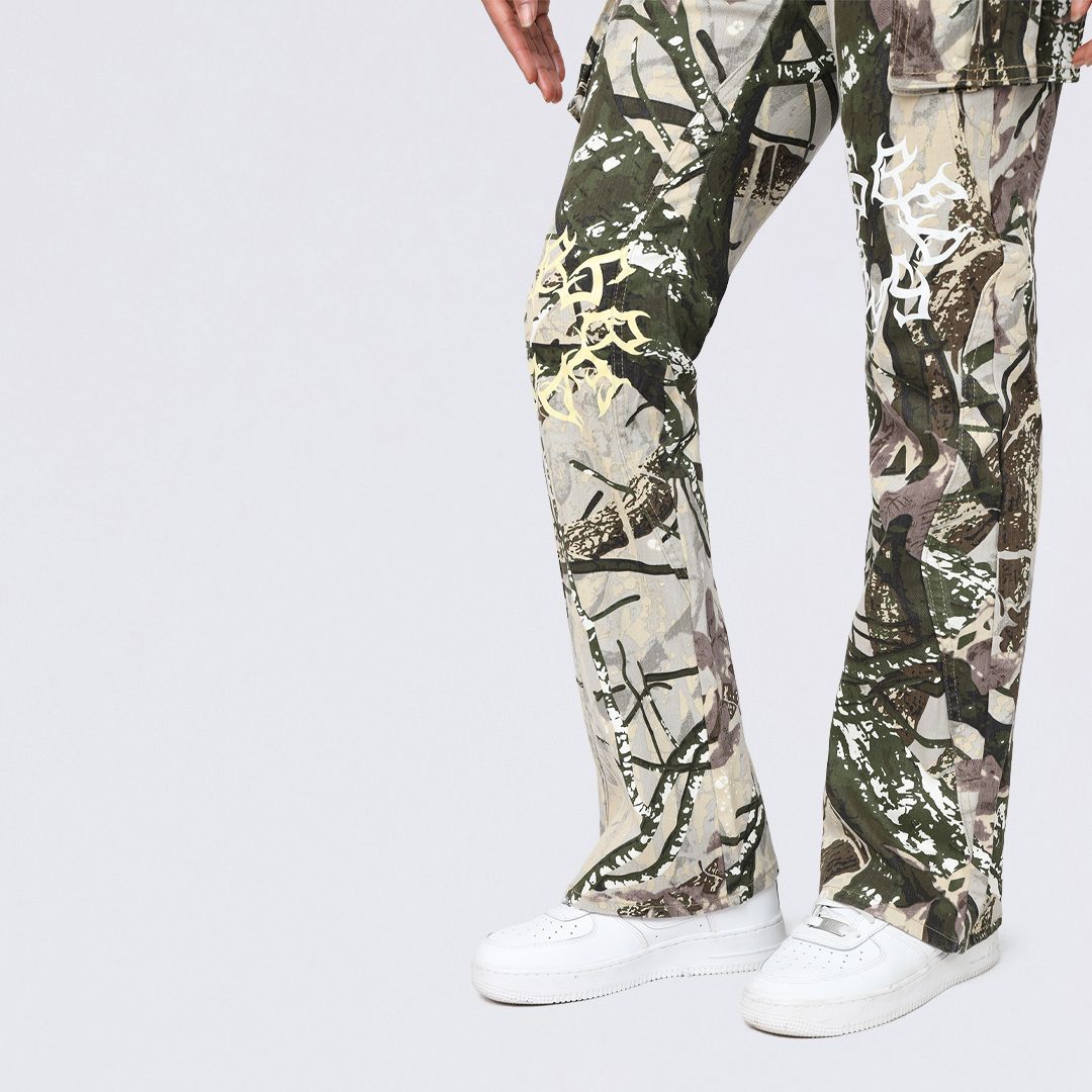 High Rise Stacked Dystopia Printed Cargo Twill Pants