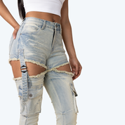 High Rise Stacked Cut Out Jeans - Seville Blue